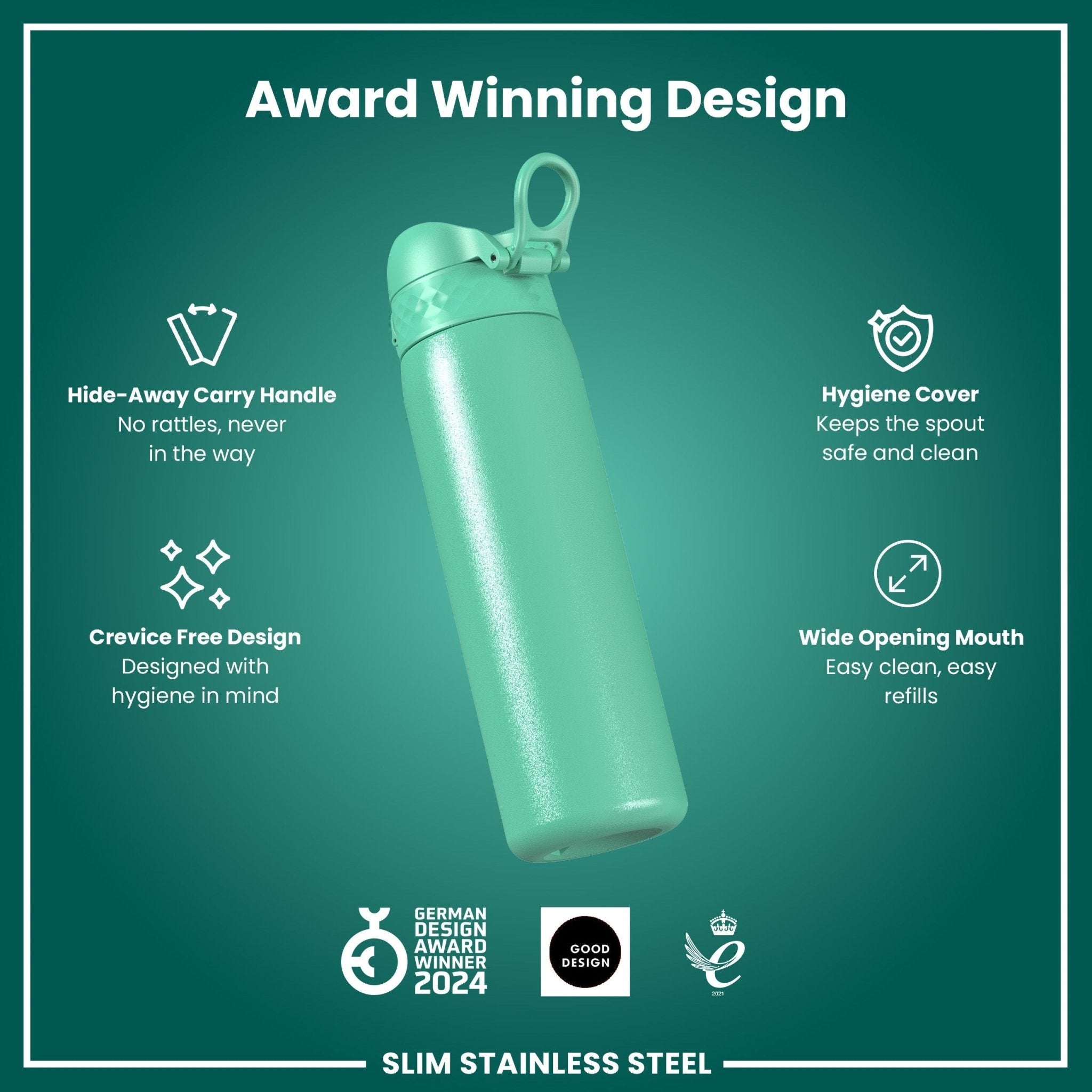 Ion8 leak-proof stainless steel water bottle in teal, 600ml (20oz), slim design for durable, portable hydration.