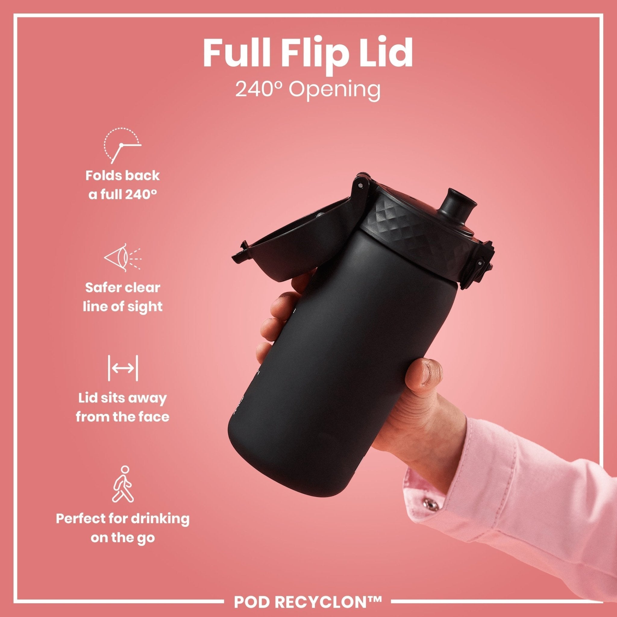 Recyclon leak-proof kids water bottle by ION8 in black, 350ml (12oz), with secure lid and durable design for children.