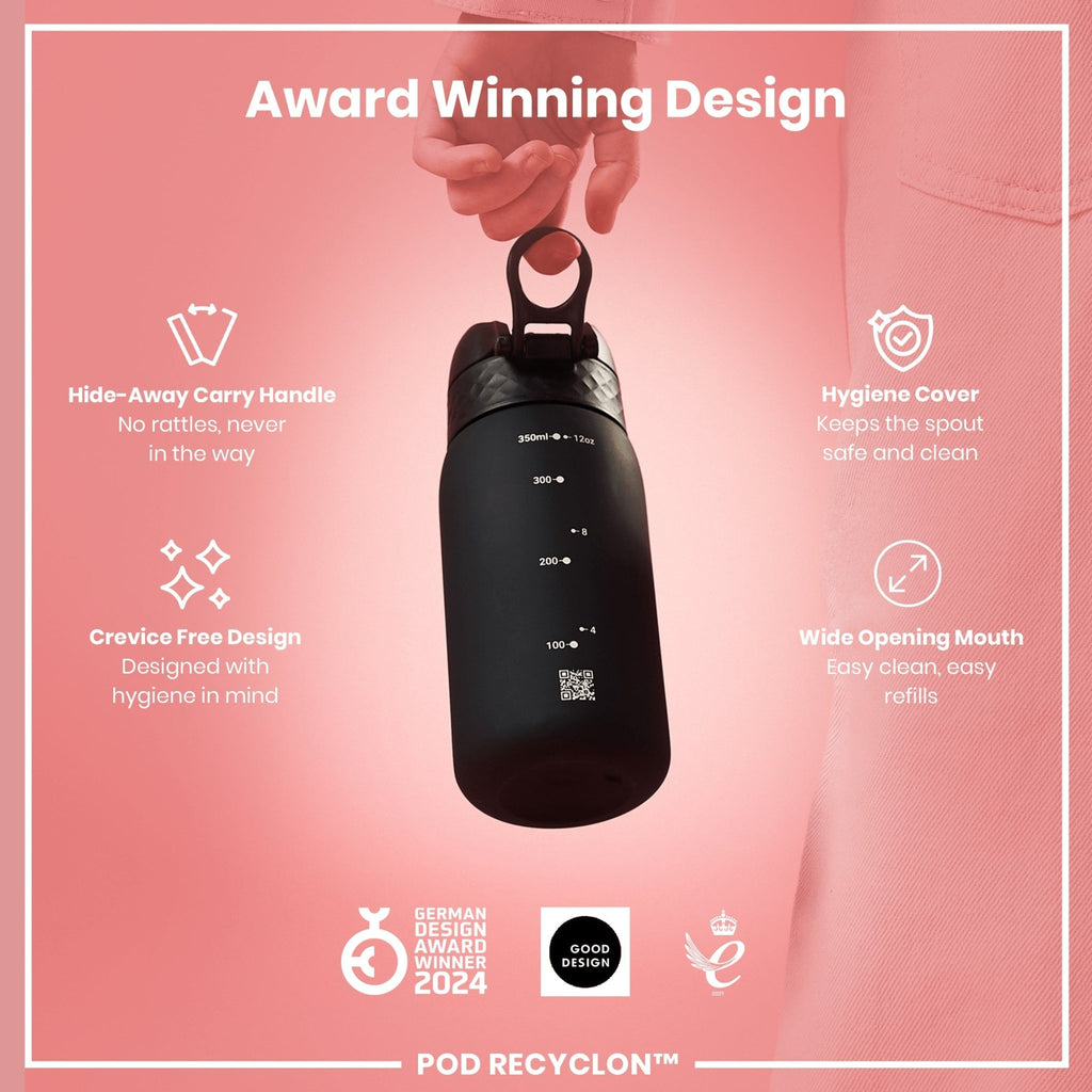 Ion8 Recyclon leak-proof kids water bottle in black, 350ml (12oz) with a secure lid and durable design for active children.