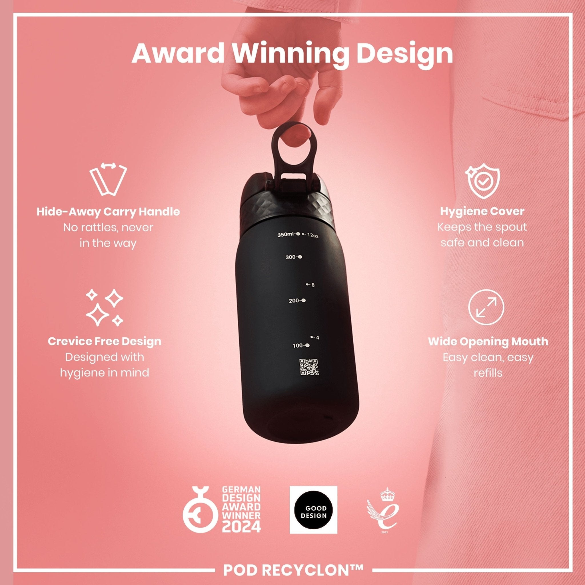 Ion8 Recyclon leak-proof kids water bottle in black, 350ml (12oz) with a secure lid and durable design for active children.