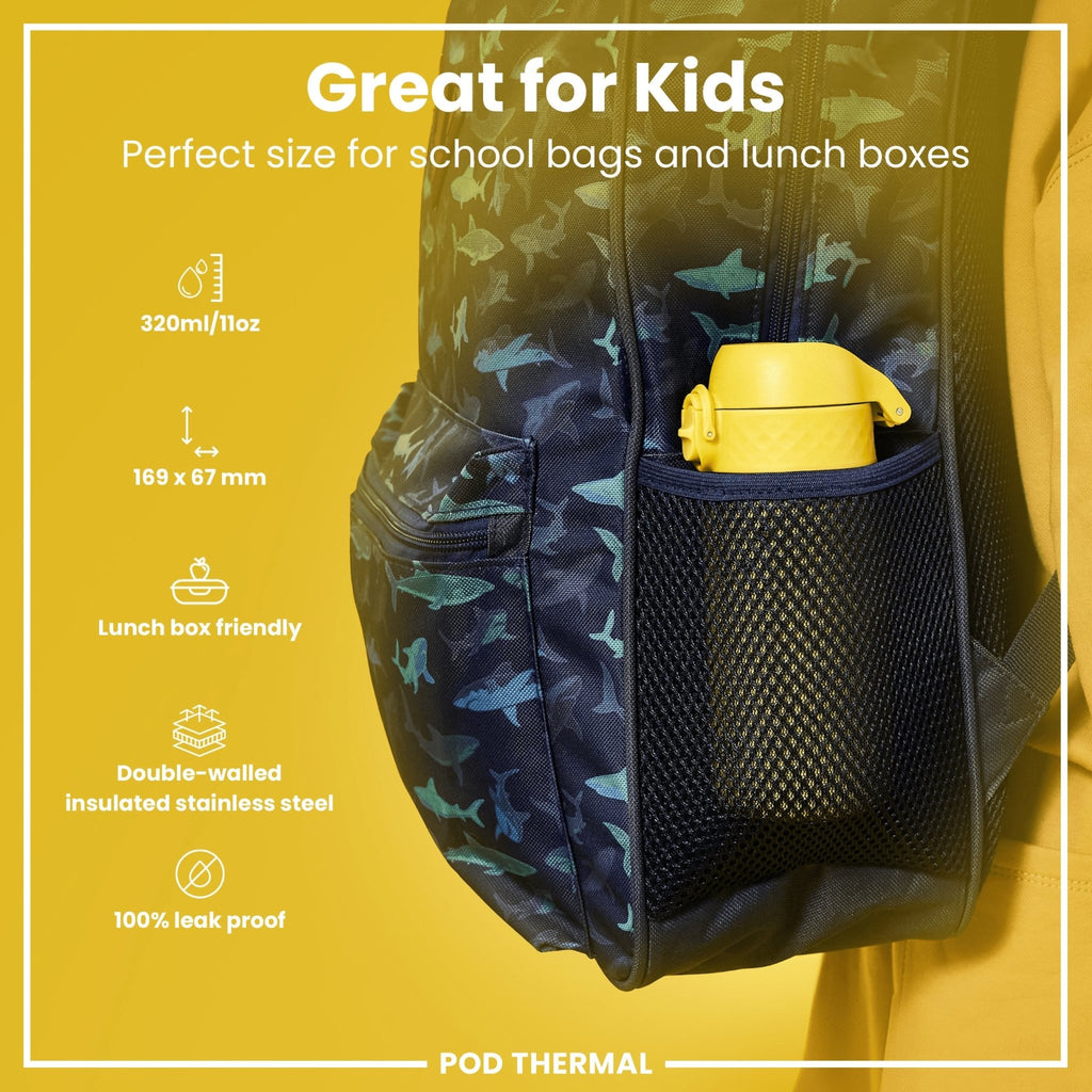 Yellow ION8 leak-proof thermal steel water bottle, 320ml insulated bottle with a screw-on lid, shown from a side view.