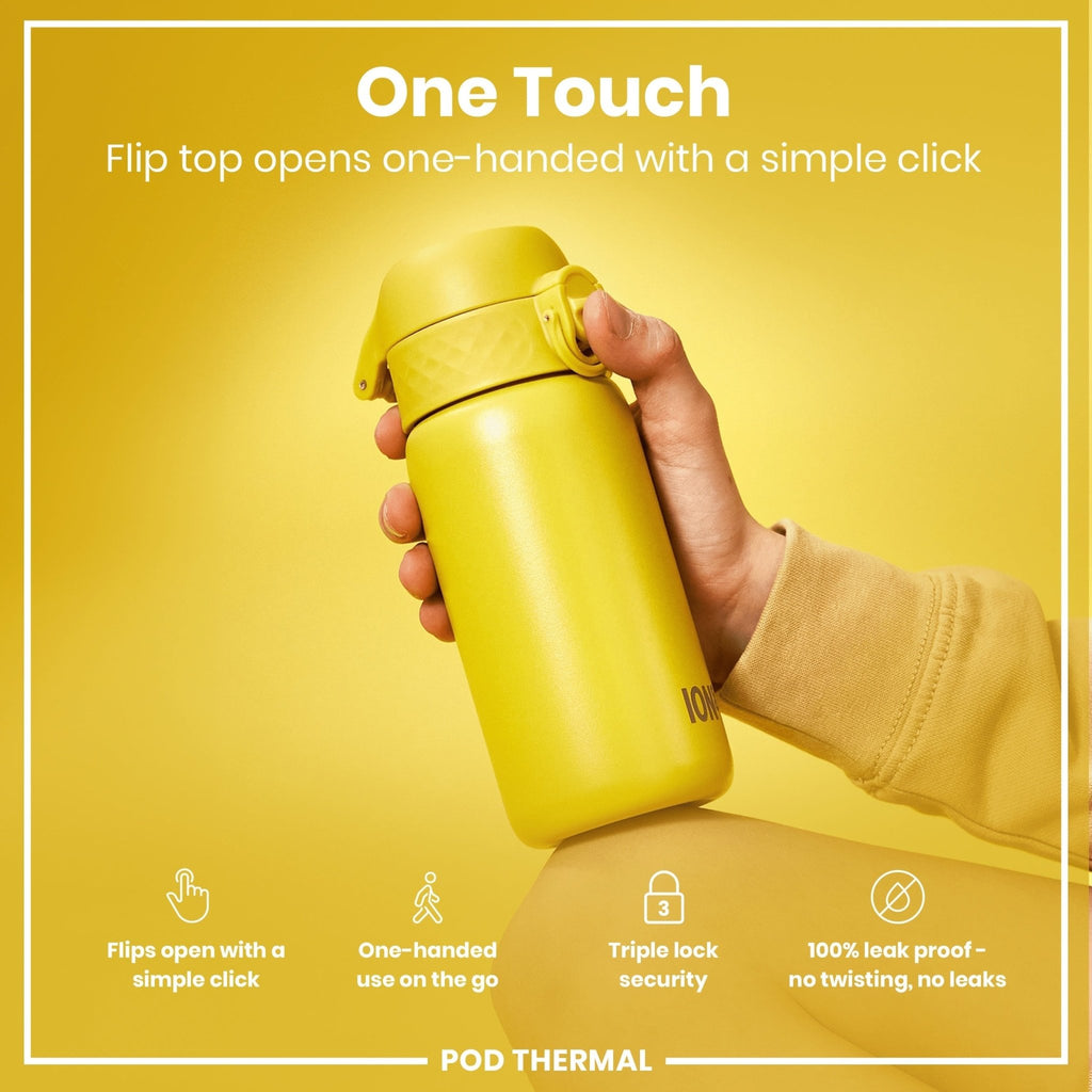 Yellow ION8 insulated steel water bottle with leak-proof design and 320ml capacity, ideal for keeping drinks hot or cold.