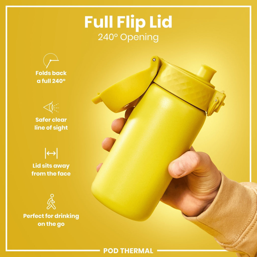 Yellow ION8 leak-proof thermal insulated steel water bottle, 320ml, showing the sleek design and secure lid.