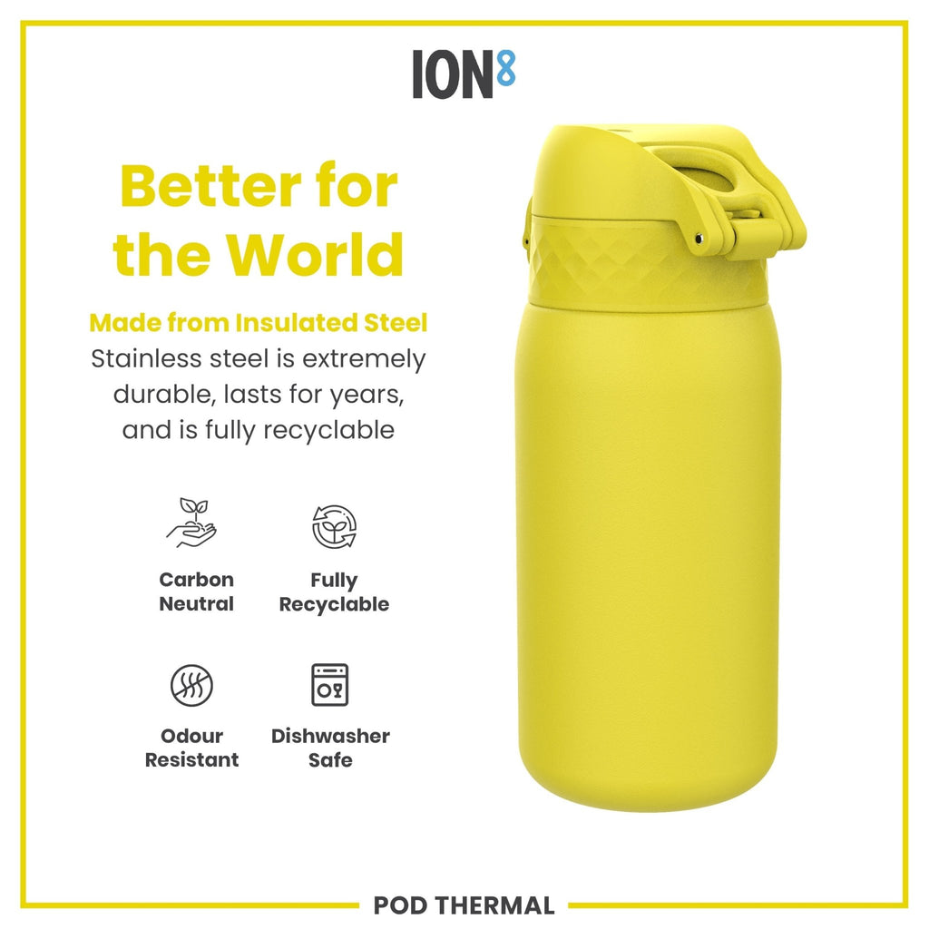 Yellow ION8 insulated steel water bottle, leak-proof thermal design, 320ml capacity, featuring a sleek, durable exterior.