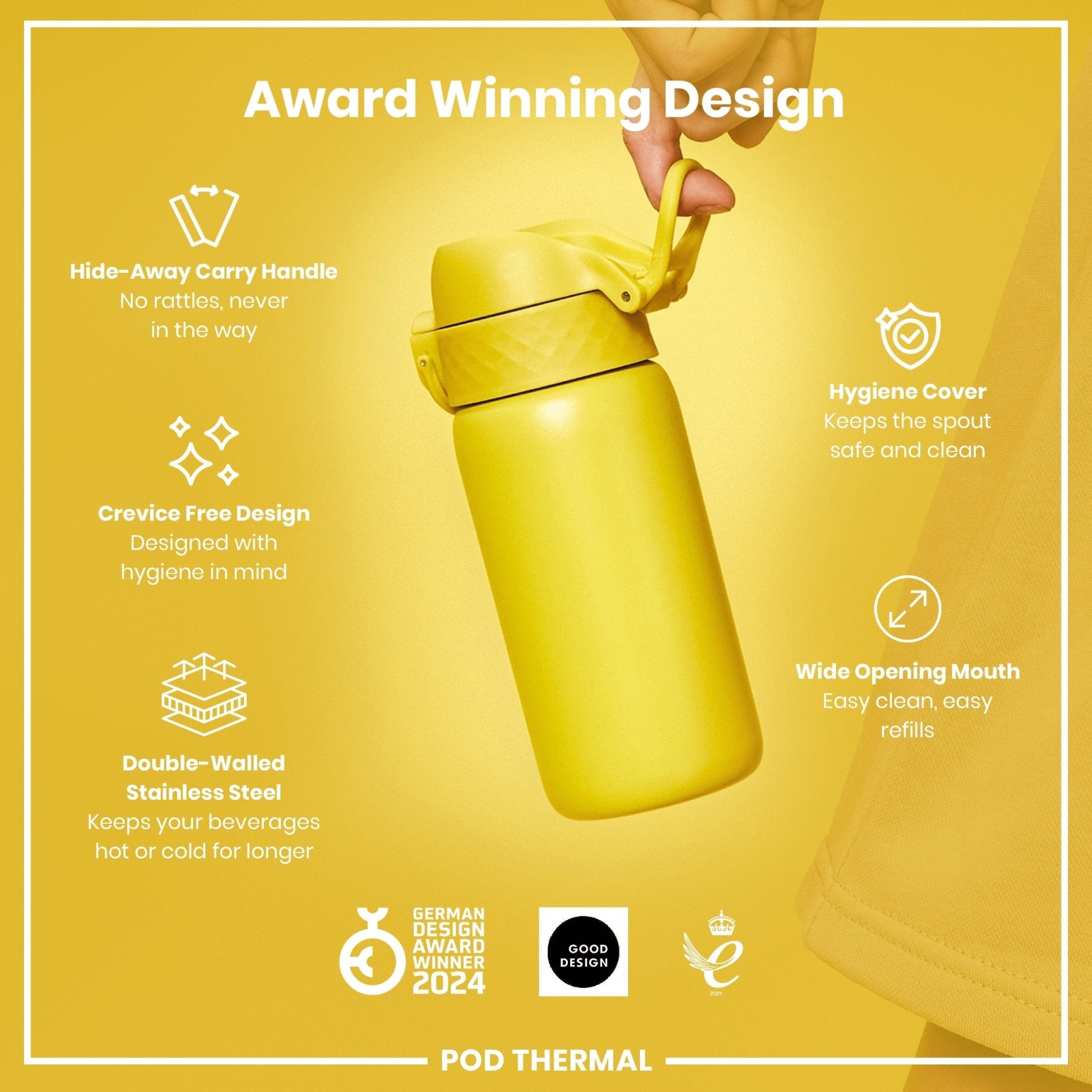 Yellow ION8 insulated steel water bottle with leak-proof design, 320ml capacity, ideal for keeping beverages hot or cold.