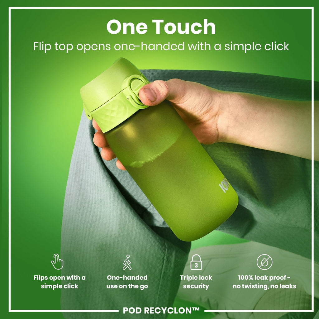 Green Recyclon leak-proof kids water bottle by ION8, 350ml (12oz) with secure lid and durable design for active children.