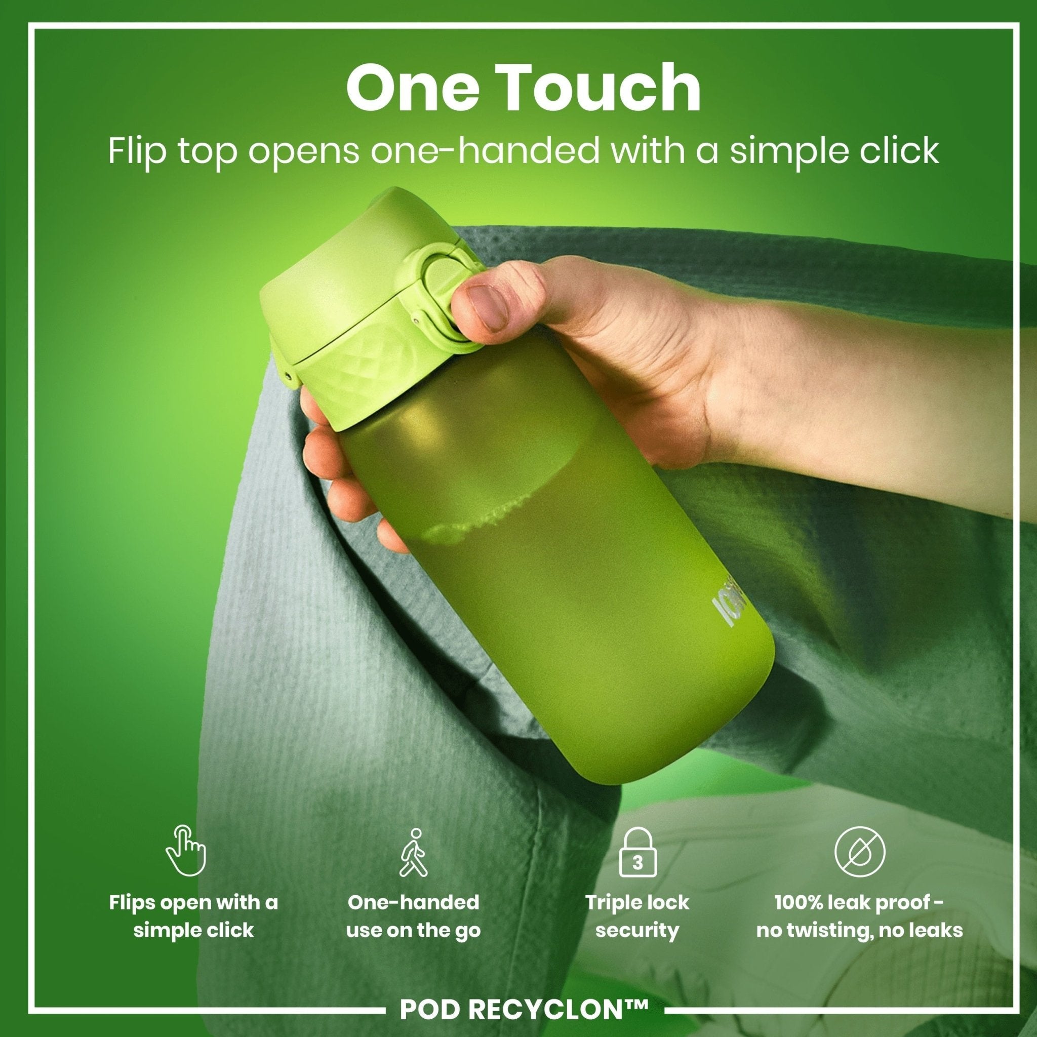 Green Recyclon leak-proof kids water bottle by ION8, 350ml (12oz) with secure lid and durable design for active children.