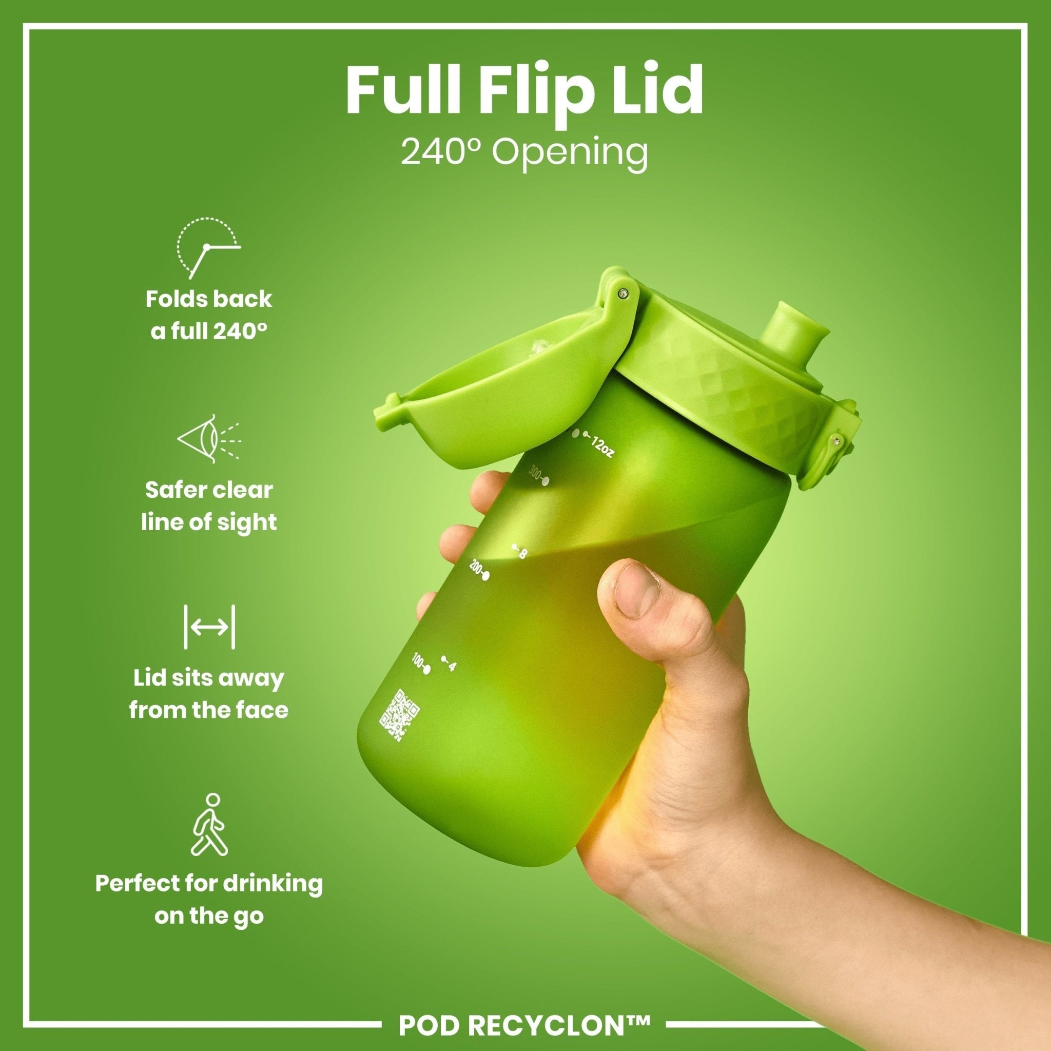 Ion8 Recyclon leak-proof kids water bottle in green, 350ml (12oz), featuring a durable design and secure lid for active children.