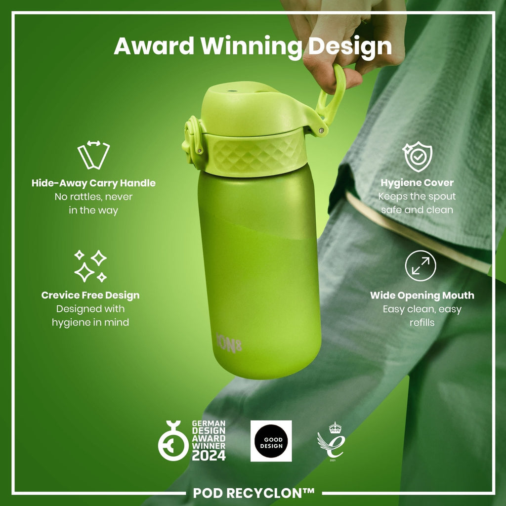 Ion8 Recyclon leak-proof kids water bottle in green, 350ml (12oz), featuring a secure lid and compact design for children.