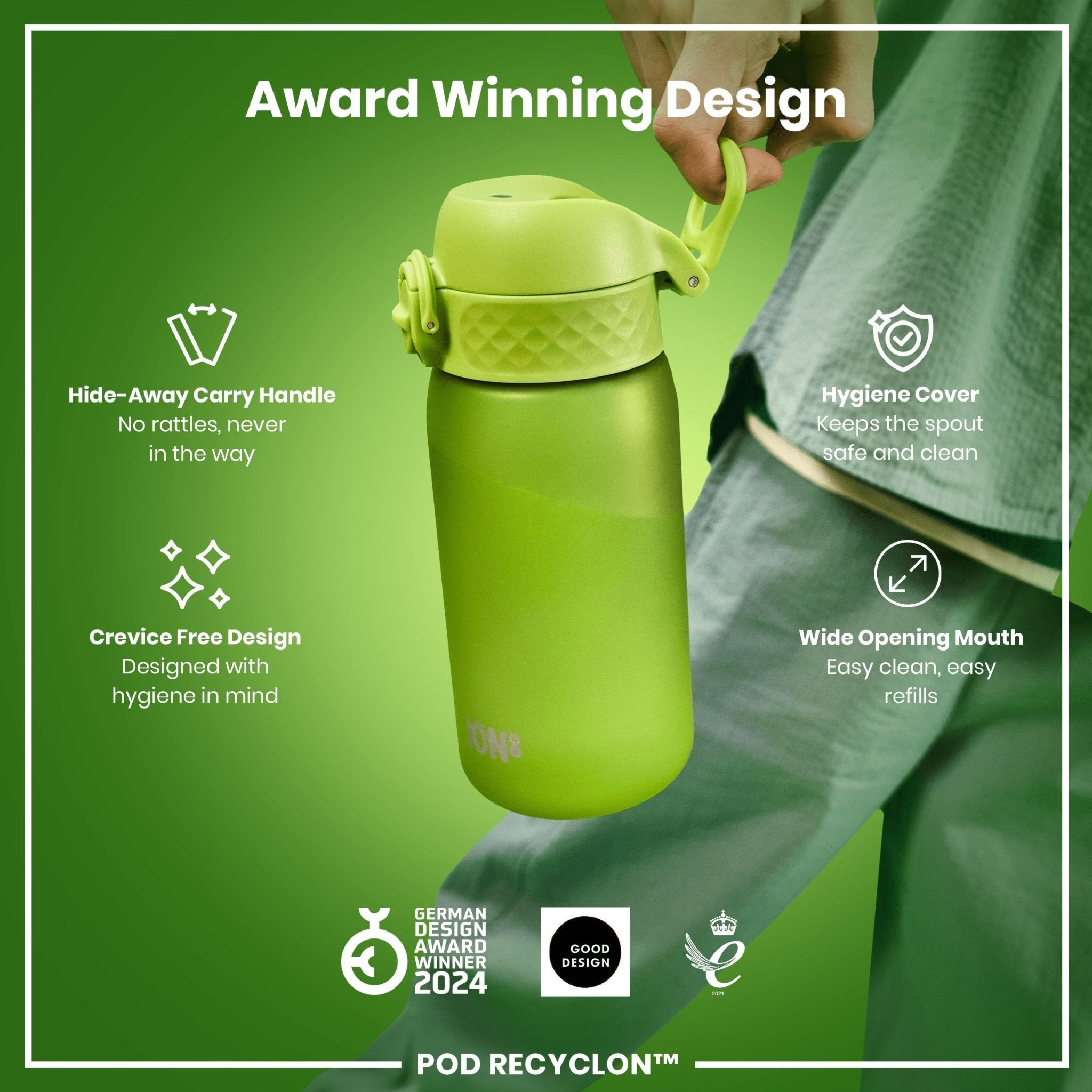 Ion8 Recyclon leak-proof kids water bottle in green, 350ml (12oz), featuring a secure lid and compact design for children.