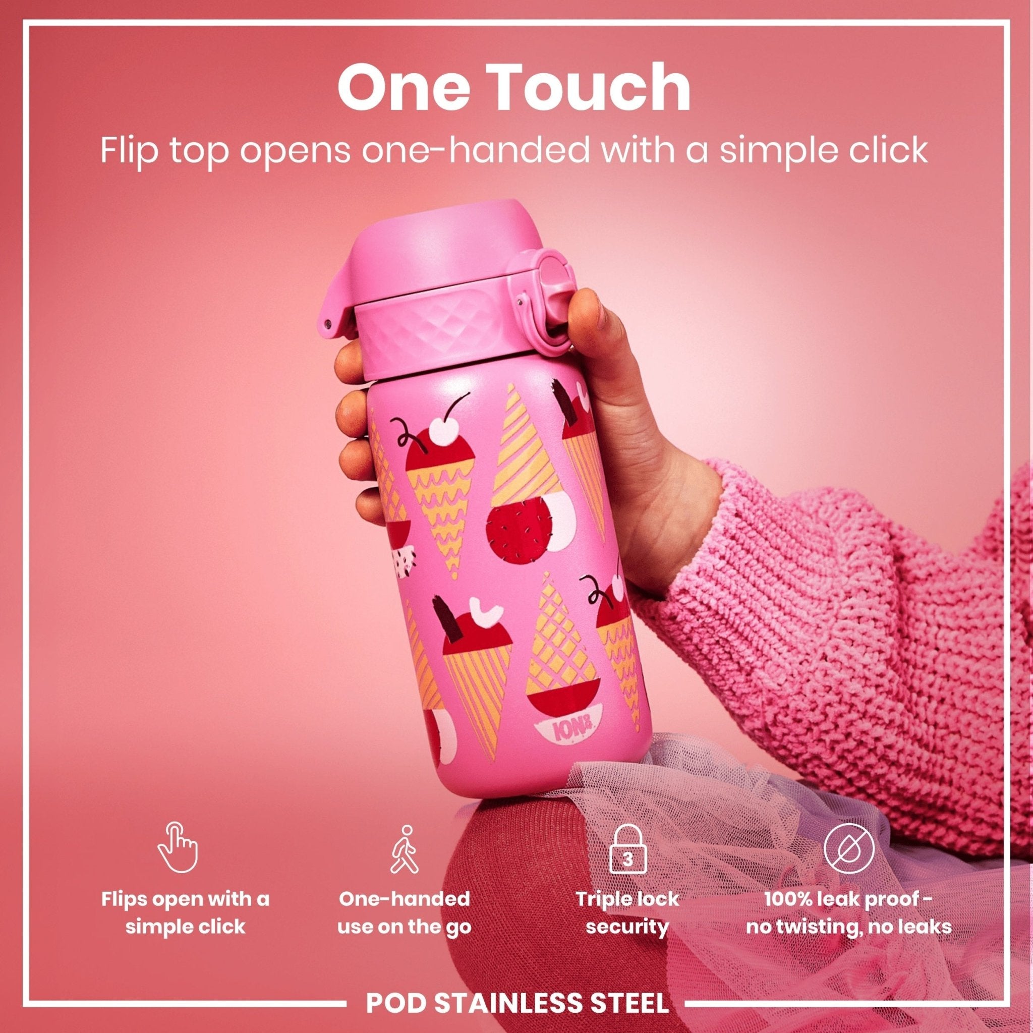 Ion8 leak-proof stainless steel kids water bottle with ice cream design, 400ml capacity, ideal for children.