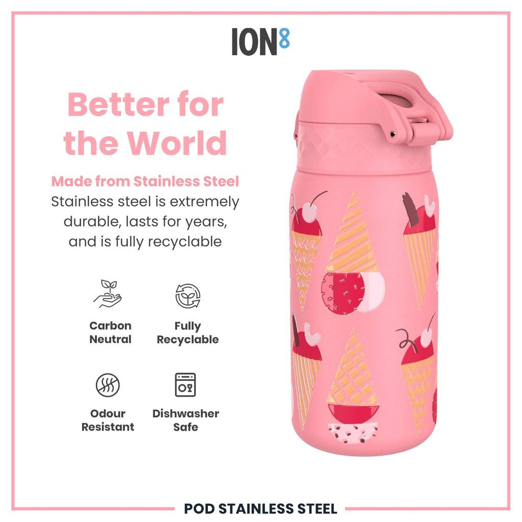 Ion8 leak-proof kids water bottle in stainless steel with ice cream design, 400ml capacity, ideal for children.