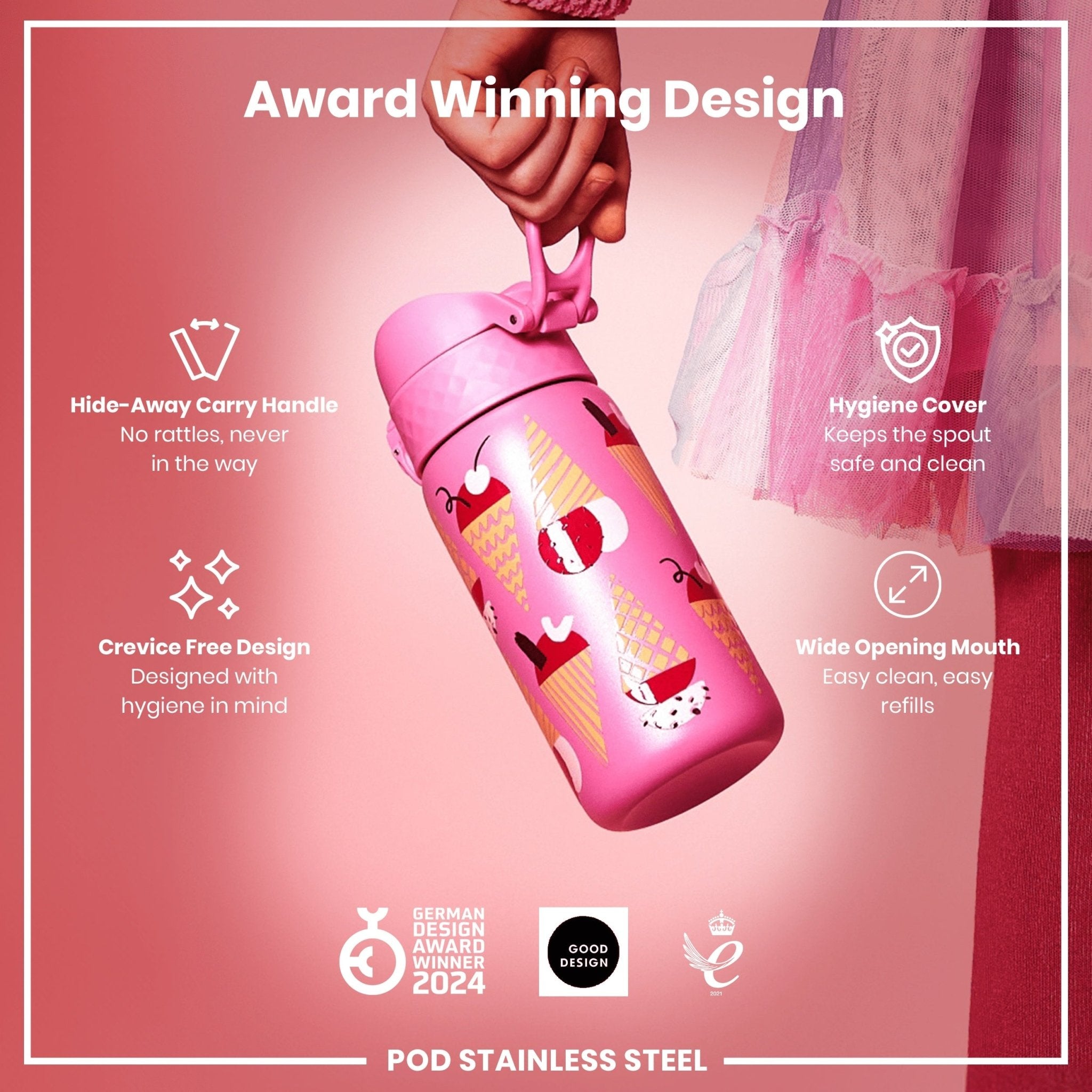 ION8 stainless steel leak-proof kids water bottle with ice cream design, 400ml capacity, suitable for children.