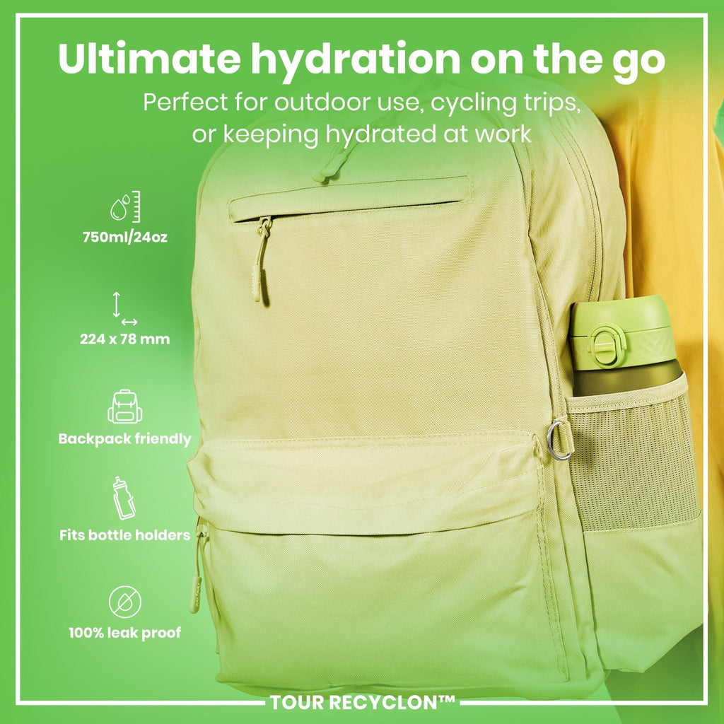Green ION8 Recyclon water bottle, 750ml, made of recycled materials, with a sleek design and secure screw-top lid.