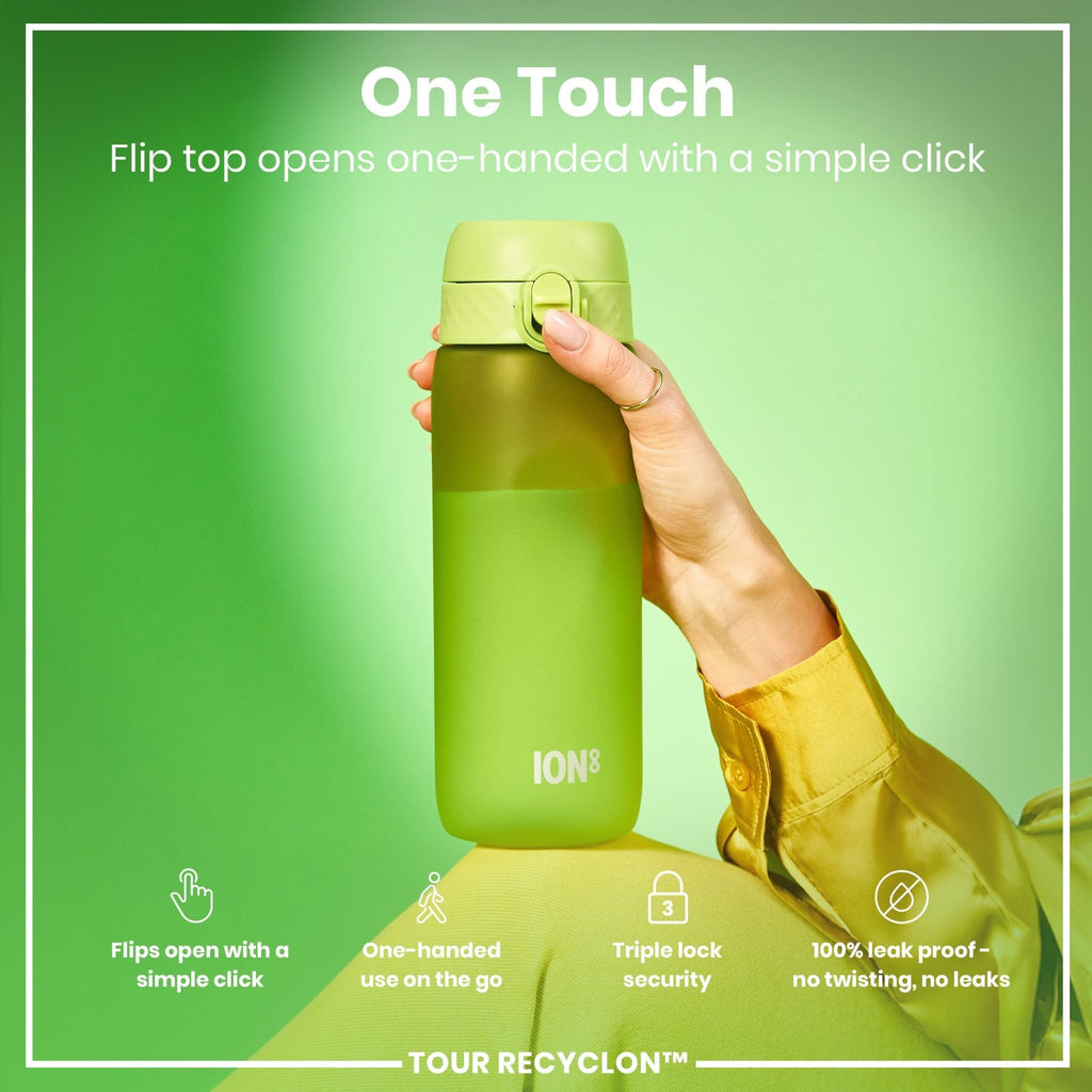 Ion8 Recyclon green 750ml water bottle with a sleek design and secure lid, made from recyclable materials.