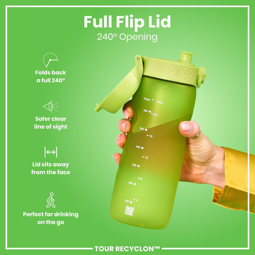 Green ION8 Recyclon water bottle, 750ml, made of recyclable materials, with a sleek design and secure cap.