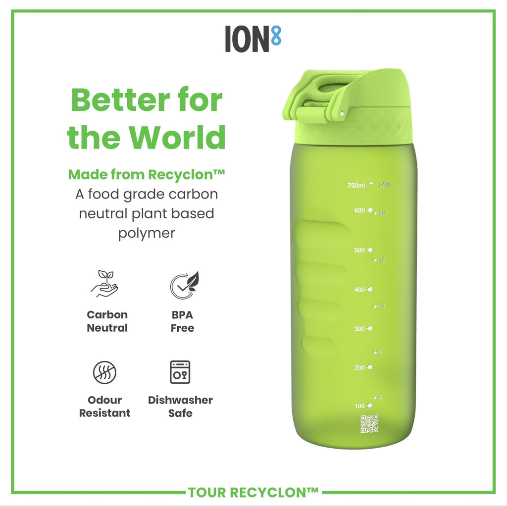 Green 750ml Recyclon water bottle by ION8, made of recyclable materials, with a sleek design and secure screw cap.