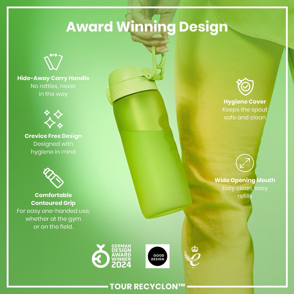 Green ION8 Recyclon water bottle, 750ml, made of recyclable material with a sleek design and secure screw-on lid.