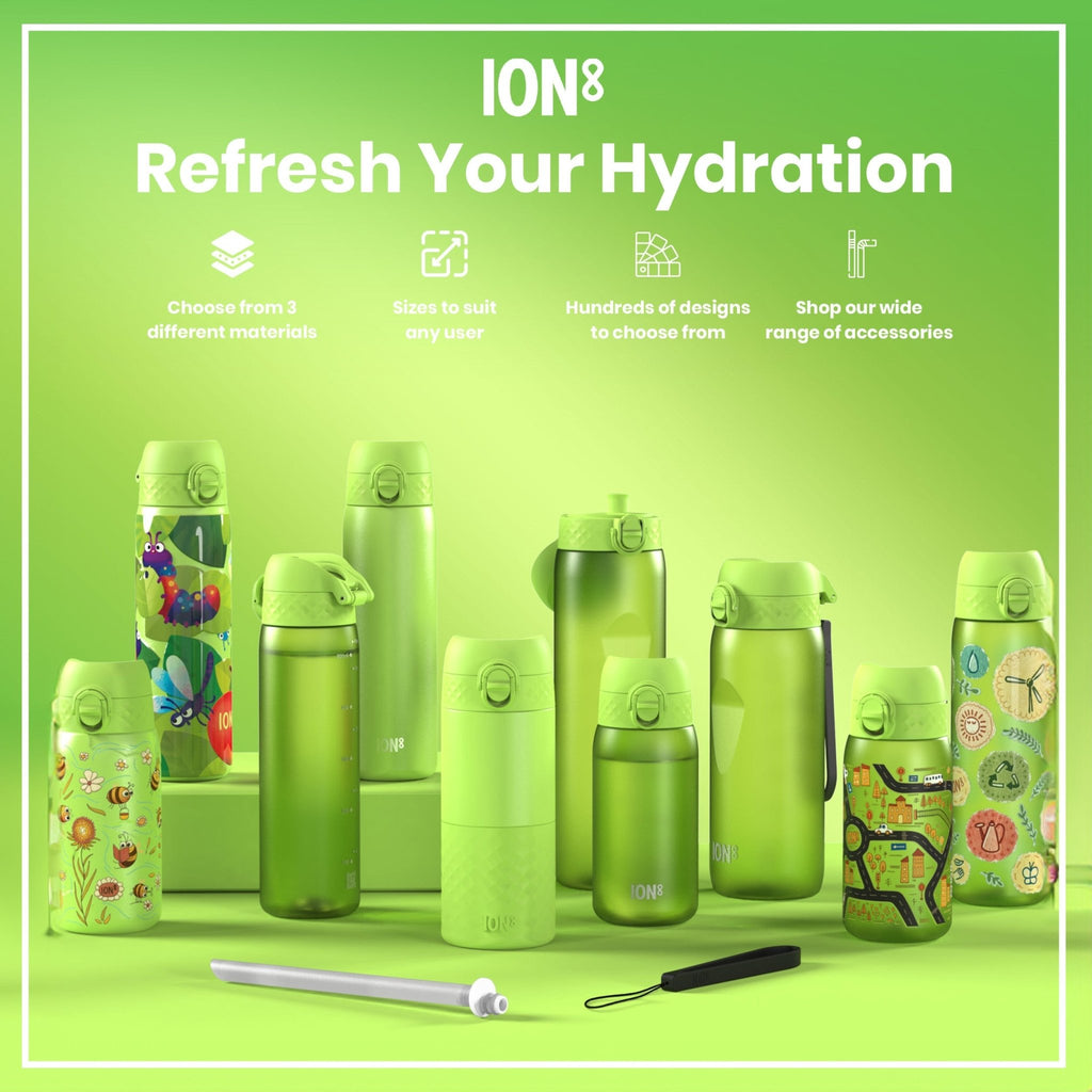 Green Recyclon water bottle by ION8, 750ml capacity, with a clear plastic body and screw-on lid.