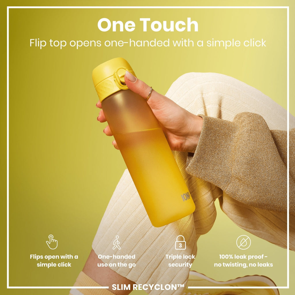 Yellow ION8 Recyclon leak-proof slim water bottle, 500ml (18oz), with a sleek design and secure lid.