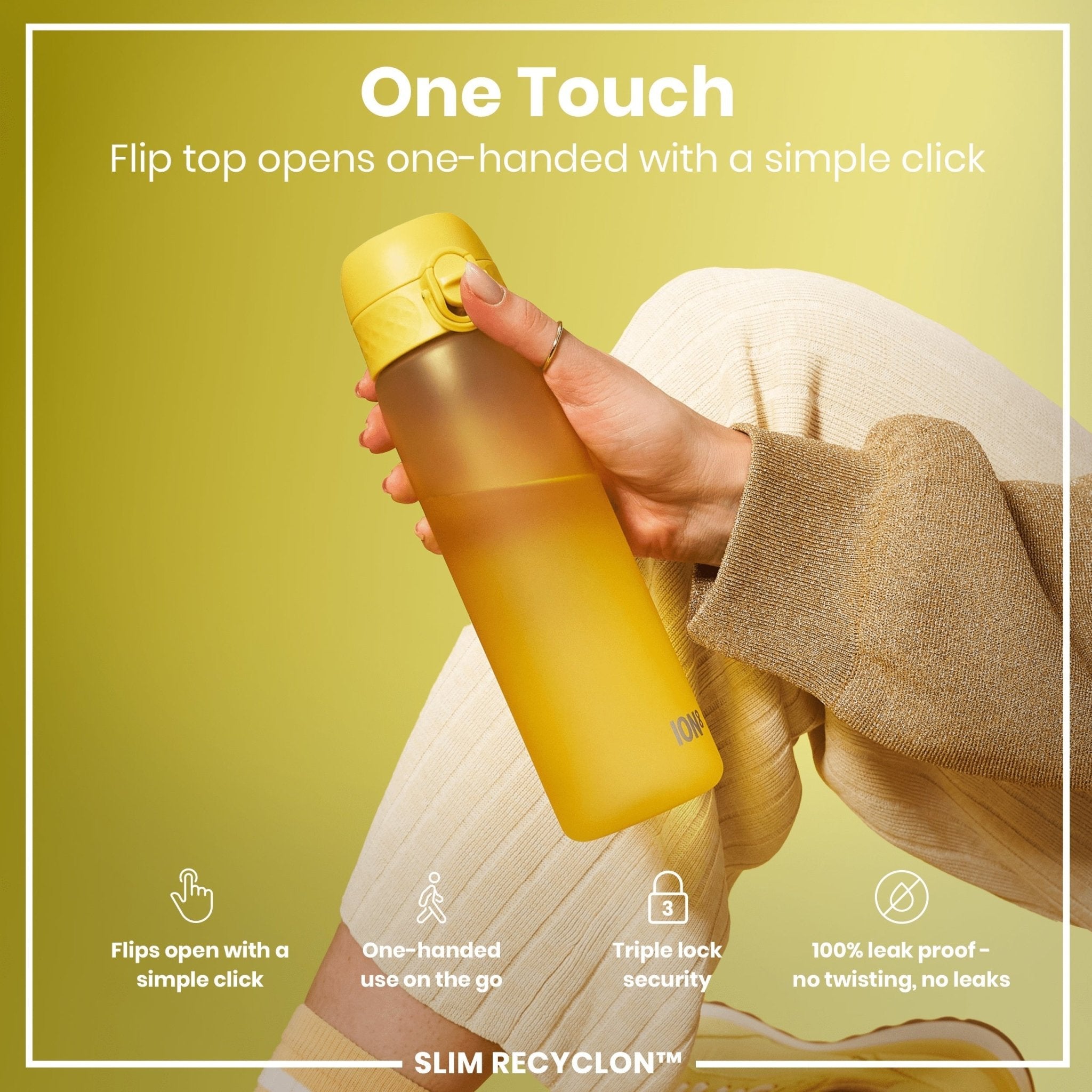 Yellow ION8 Recyclon leak-proof slim water bottle, 500ml (18oz), with a sleek design and secure lid.