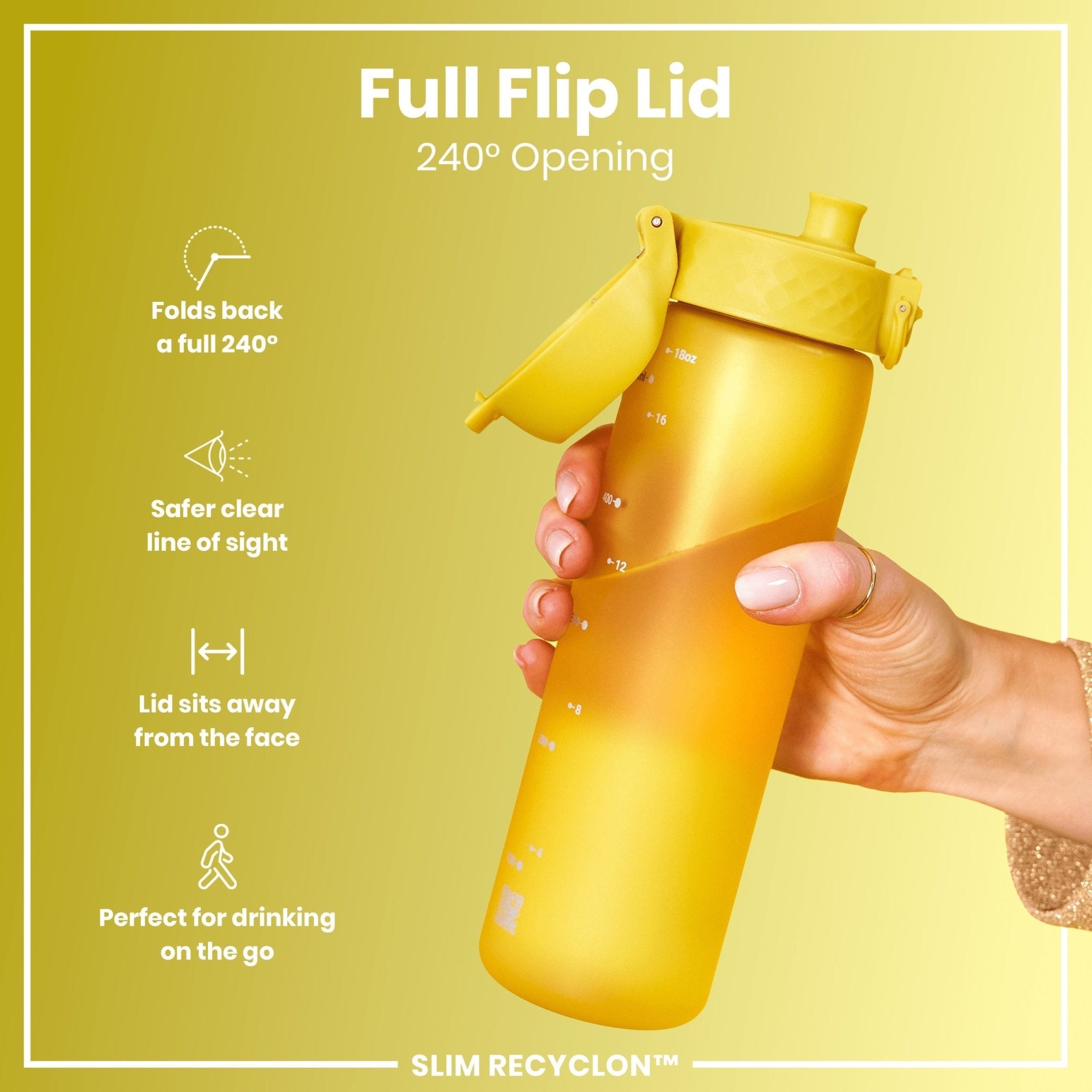 Yellow 500ml ION8 Recyclon Leak Proof Slim Water Bottle, made of recyclable material, with a sleek design and secure lid.