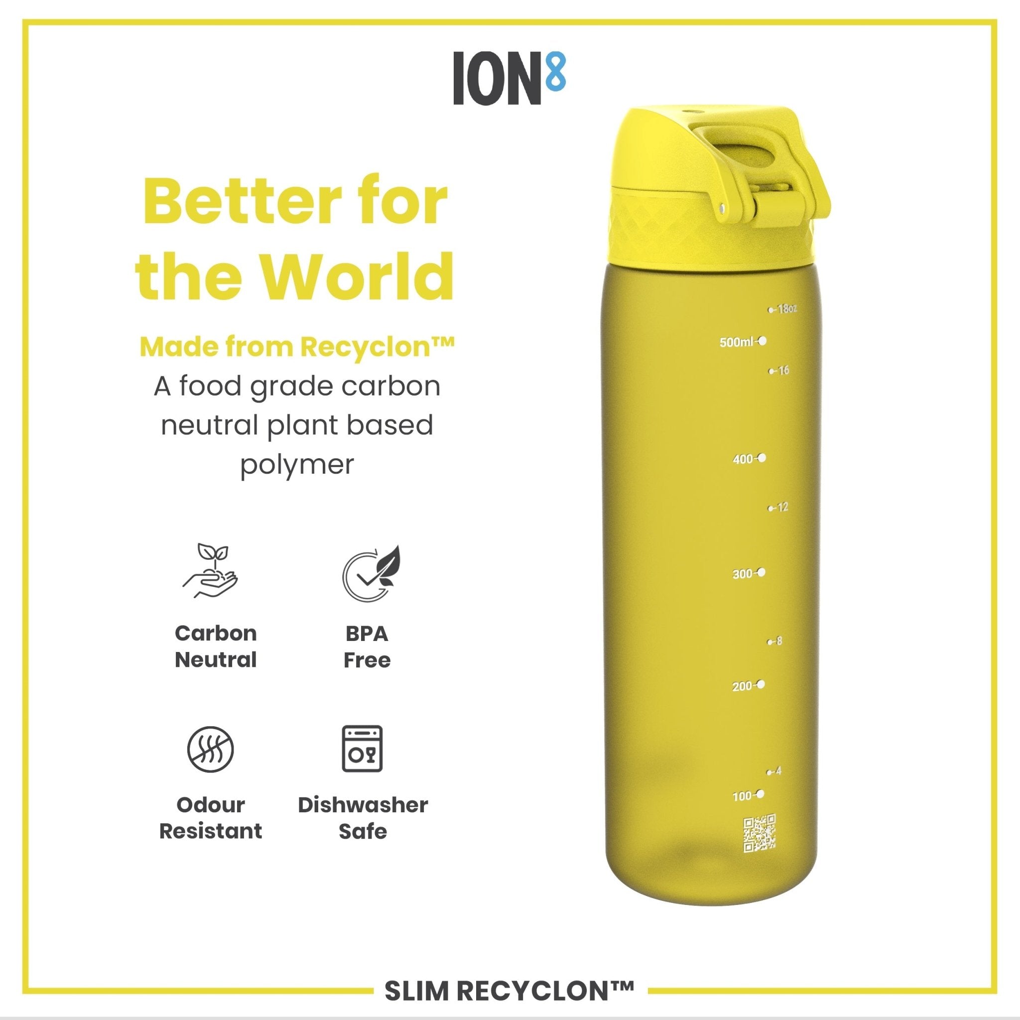 Yellow 500ml ION8 Recyclon leak-proof slim water bottle with a secure lid, designed for easy carrying and hydration.