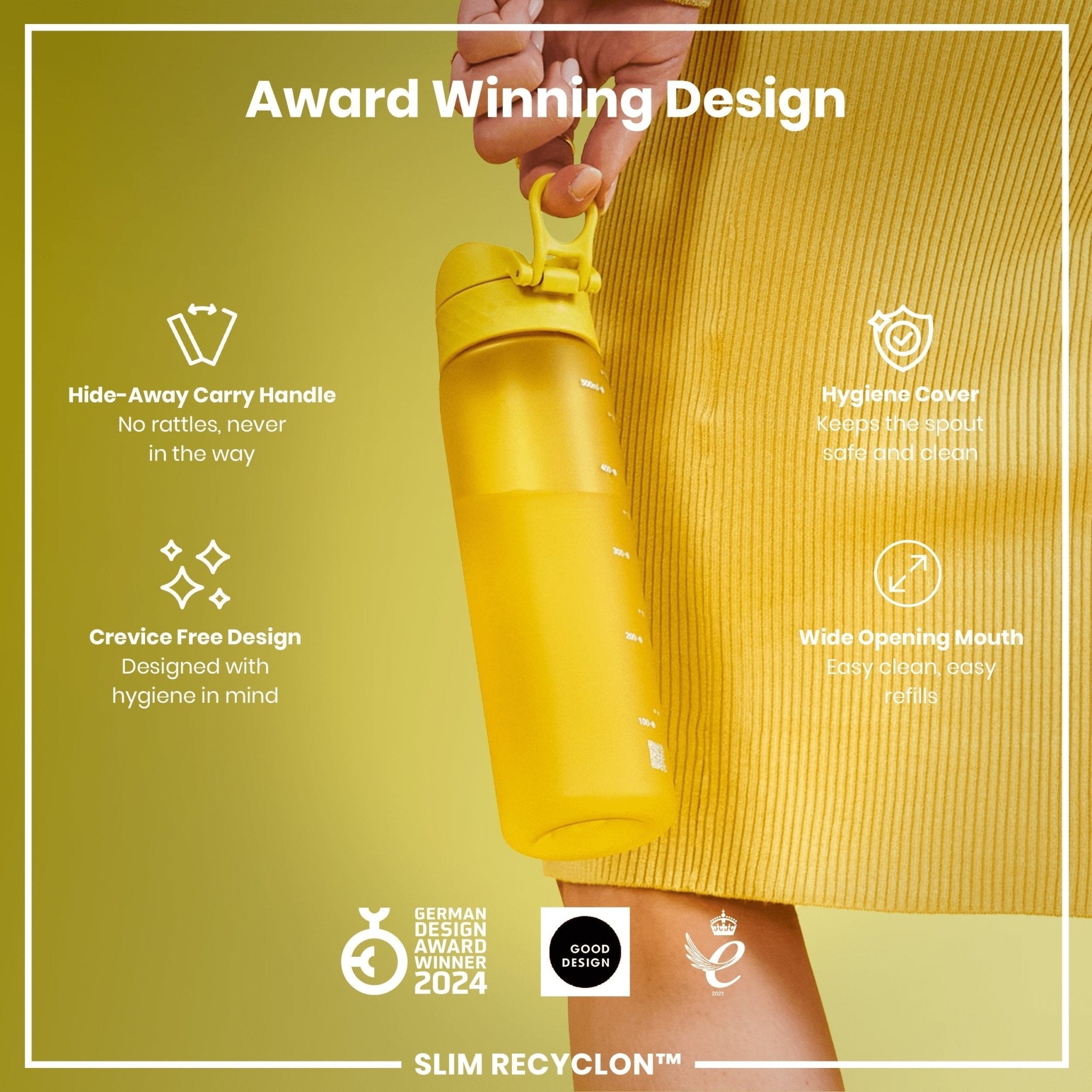 Yellow ION8 Leak Proof Slim Water Bottle, 500ml Recyclon water bottle with secure cap, designed for on-the-go hydration.