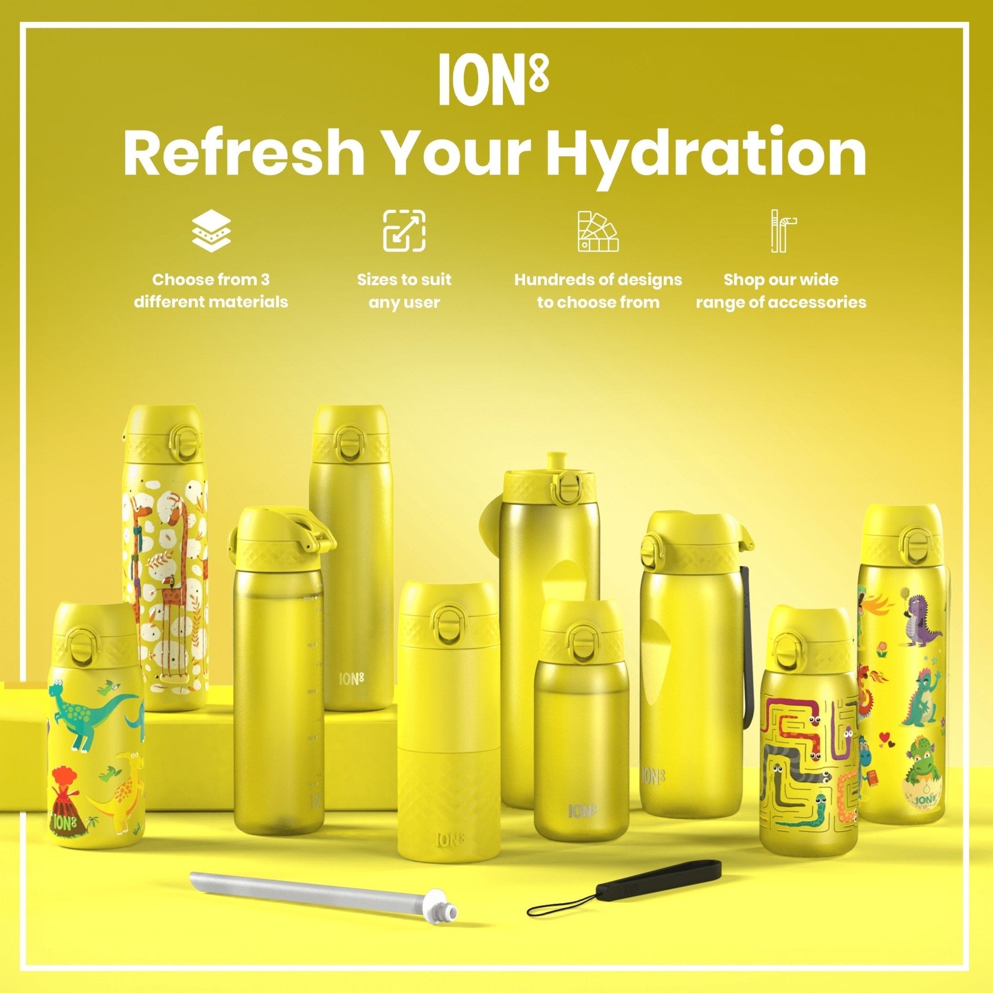 Yellow Recyclon leak-proof slim water bottle by ION8, 500ml (18oz), featuring a compact design and secure leak-proof cap.