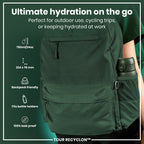 Dark green 750ml Recyclon water bottle by ION8 with a sleek, cylindrical design and secure screw-on lid.