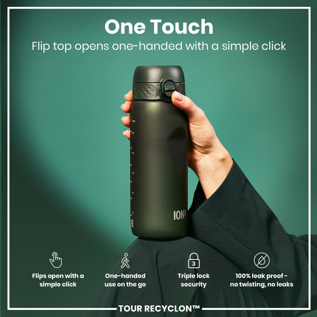 Dark green ION8 Recyclon 750ml water bottle with a sleek design and secure screw-on lid.