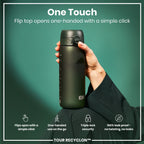 Dark green ION8 Recyclon 750ml water bottle with a sleek design and secure screw-on lid.
