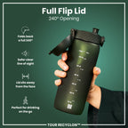 Dark green 750ml Recyclon water bottle by ION8 with a sleek design and durable plastic construction.