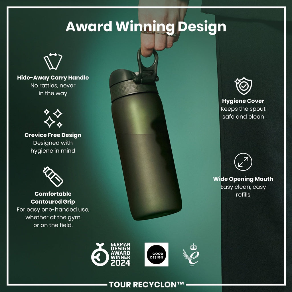 Dark green ION8 Recyclon 750ml water bottle with a sleek, cylindrical shape and a secure screw-on lid.