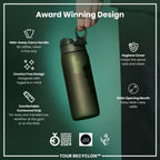 Dark green ION8 Recyclon 750ml water bottle with a sleek, cylindrical shape and a secure screw-on lid.