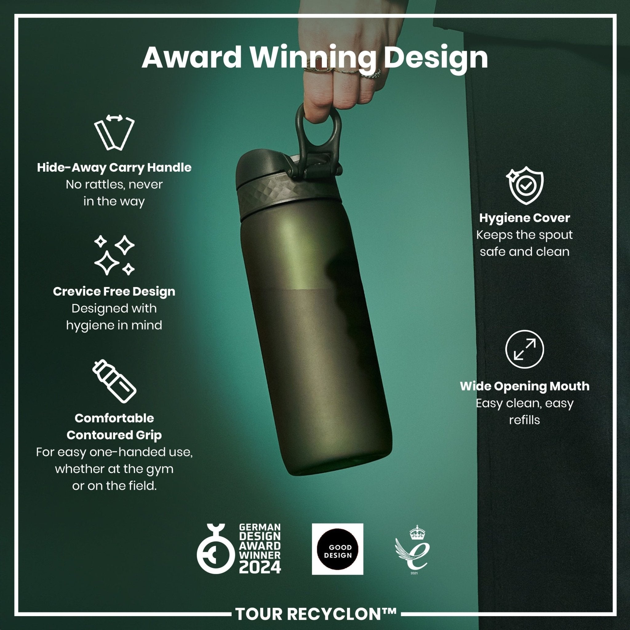 Dark green ION8 Recyclon 750ml water bottle with a sleek, cylindrical shape and a secure screw-on lid.