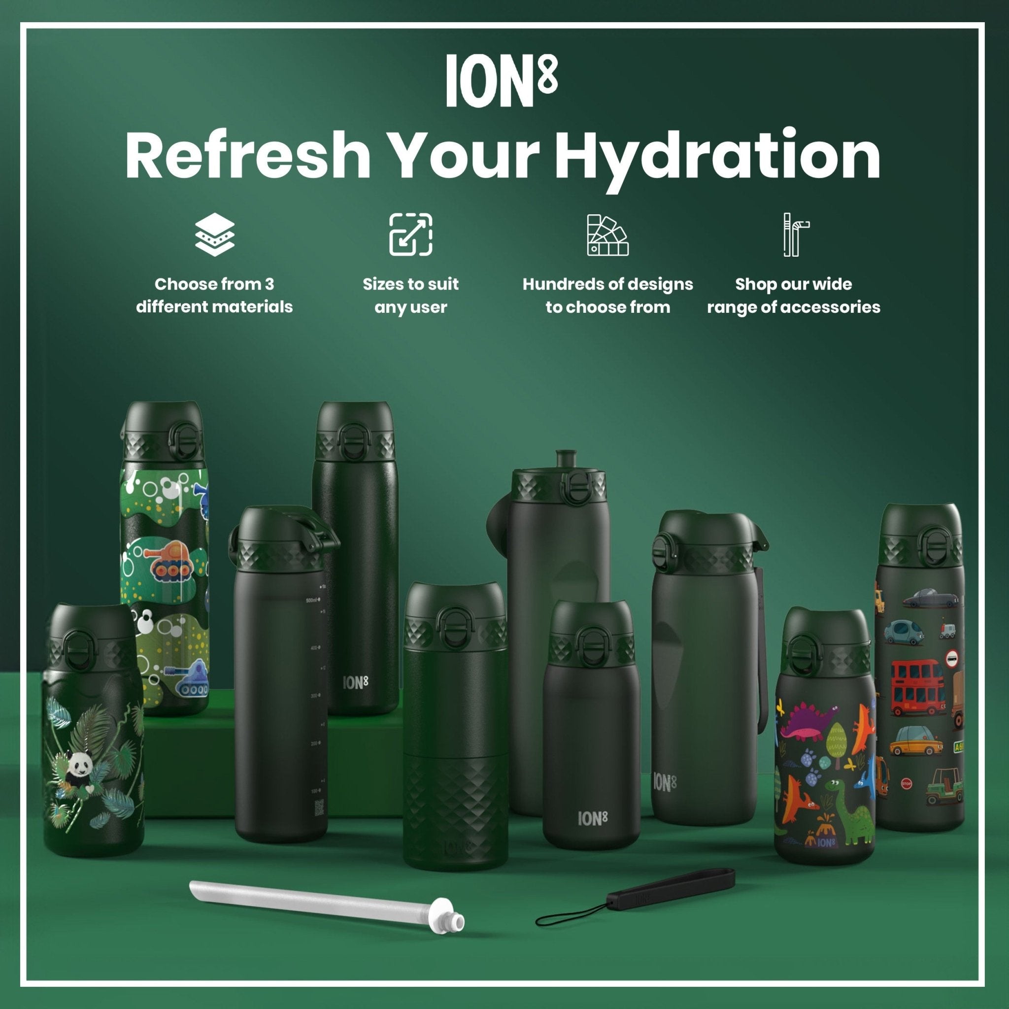 Dark green 750ml Recyclon water bottle by ION8, with a sleek design and reusable cap, suitable for hydration on the go.