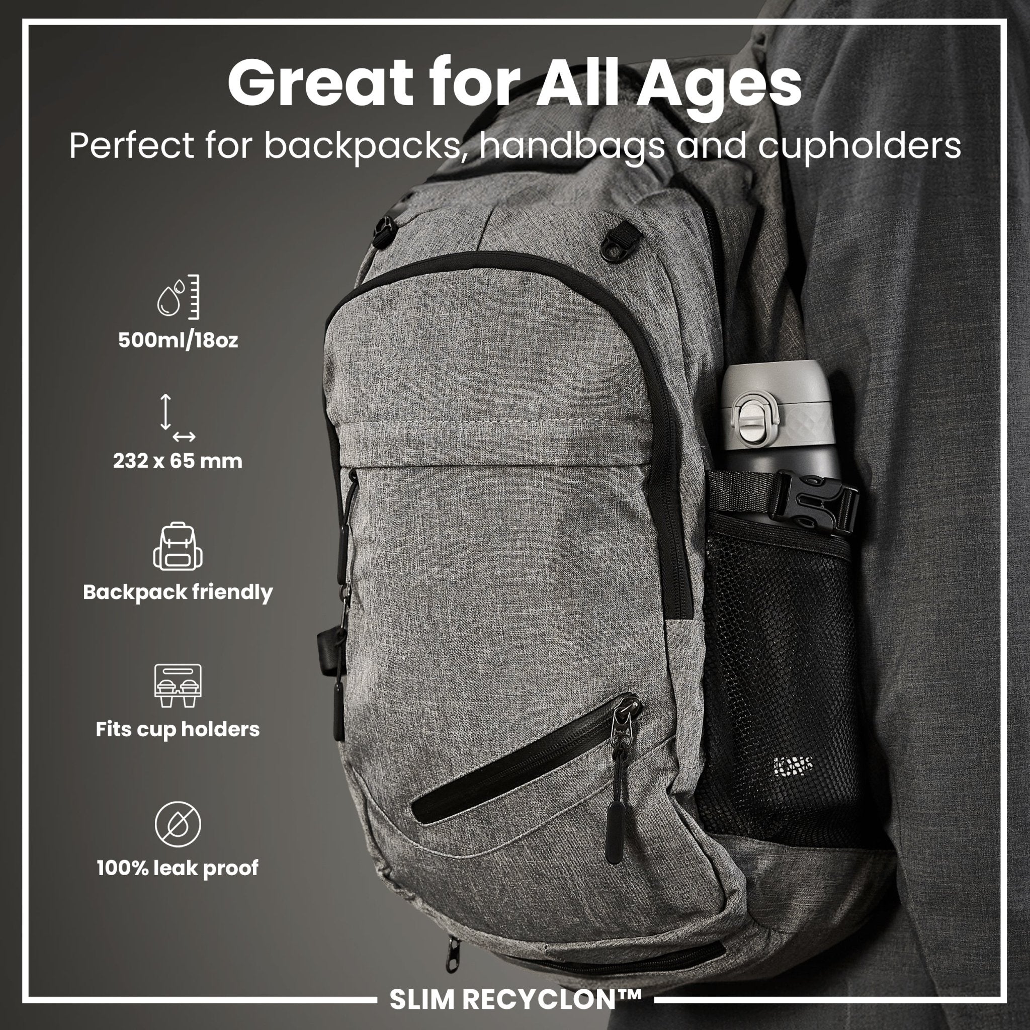 ION8 Recyclon leak-proof slim water bottle in grey, 500ml (18oz), with a sleek design and secure lid for on-the-go hydration.