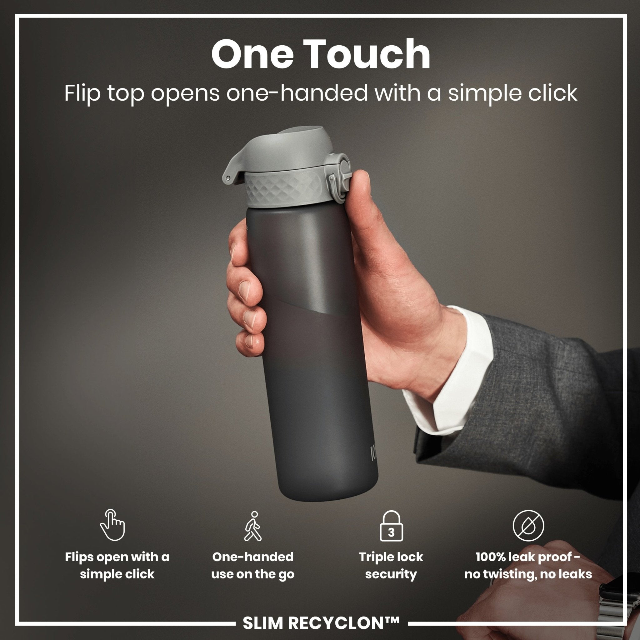 Ion8 leak-proof slim water bottle in grey, 500ml Recyclon water bottle with a sleek design and secure cap.