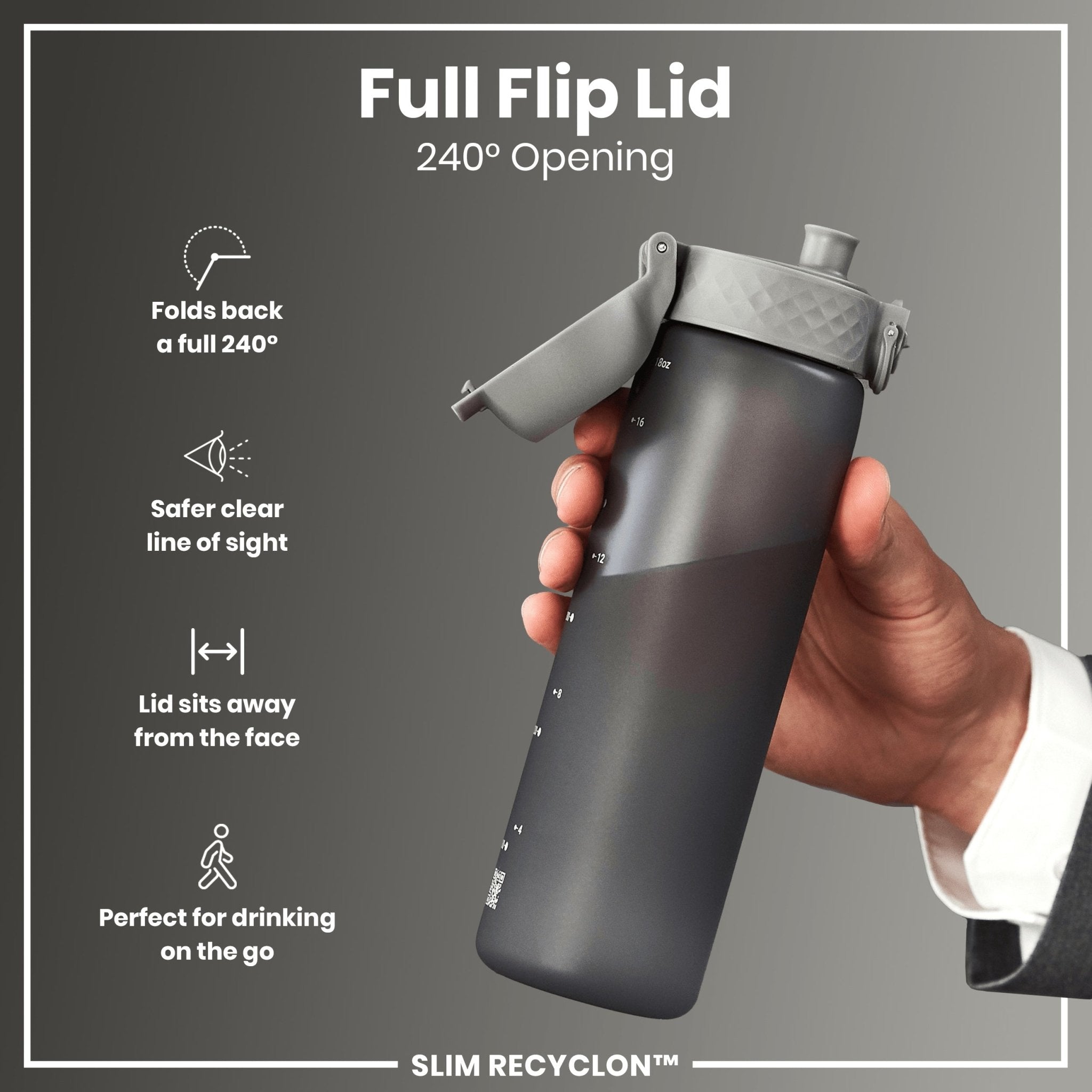 Ion8 Leak Proof Slim Water Bottle in grey, 500ml (18oz), made from recyclable materials, featuring a secure lid and sleek design.