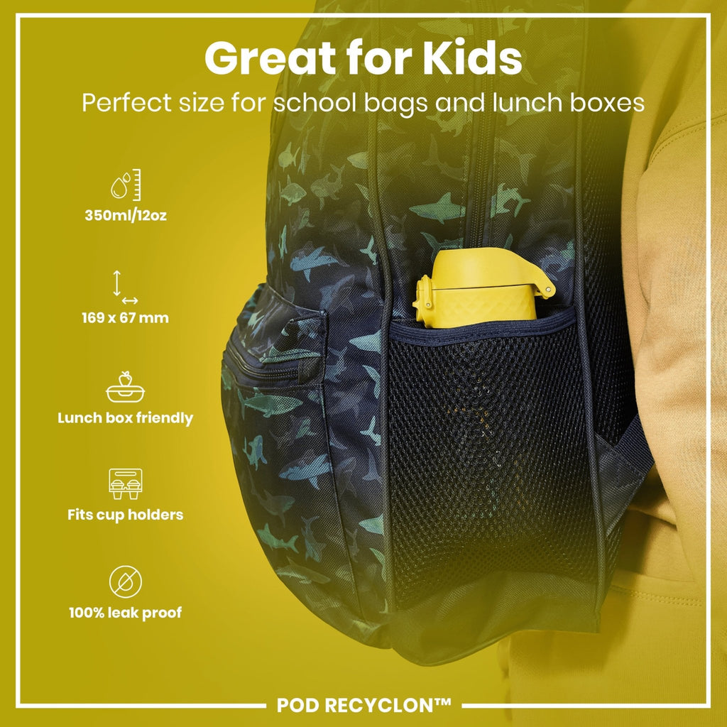 ION8 Recyclon leak-proof kids water bottle featuring a snake design, 350ml capacity, made for easy, spill-free hydration.