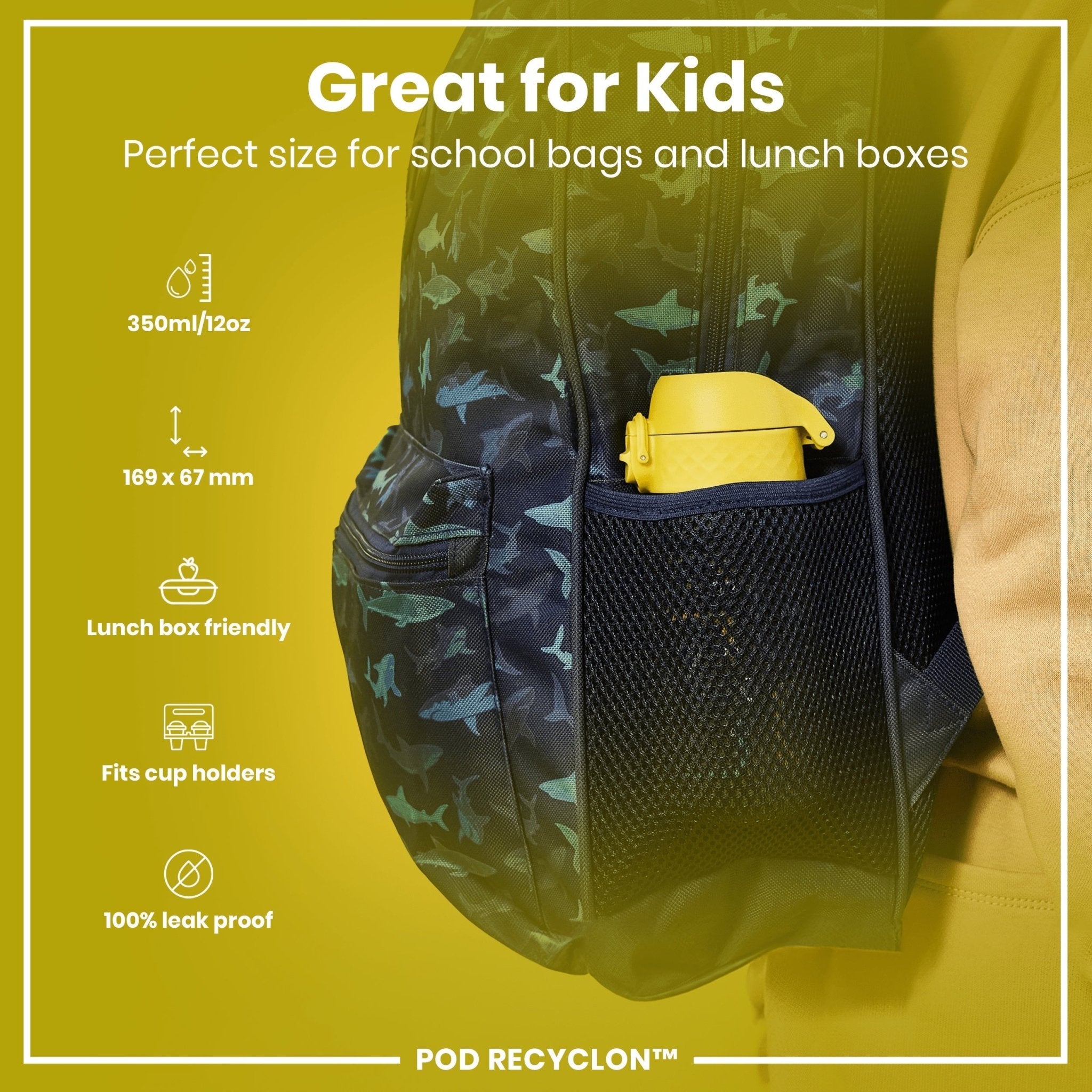 ION8 Recyclon leak-proof kids water bottle featuring a snake design, 350ml capacity, made for easy, spill-free hydration.