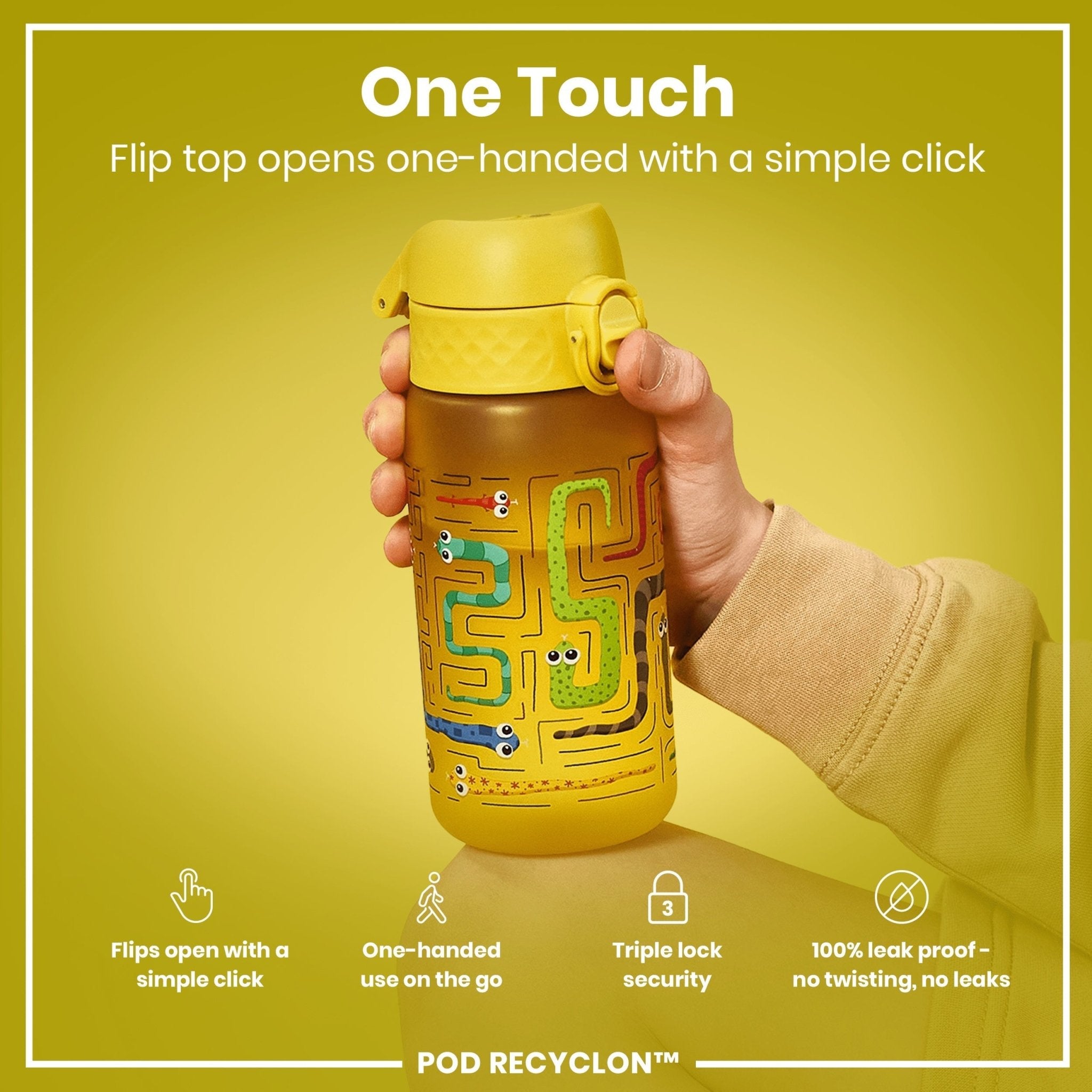 Ion8 leak-proof kids water bottle with snakes design, 350ml recyclable Recyclon water bottle for children.