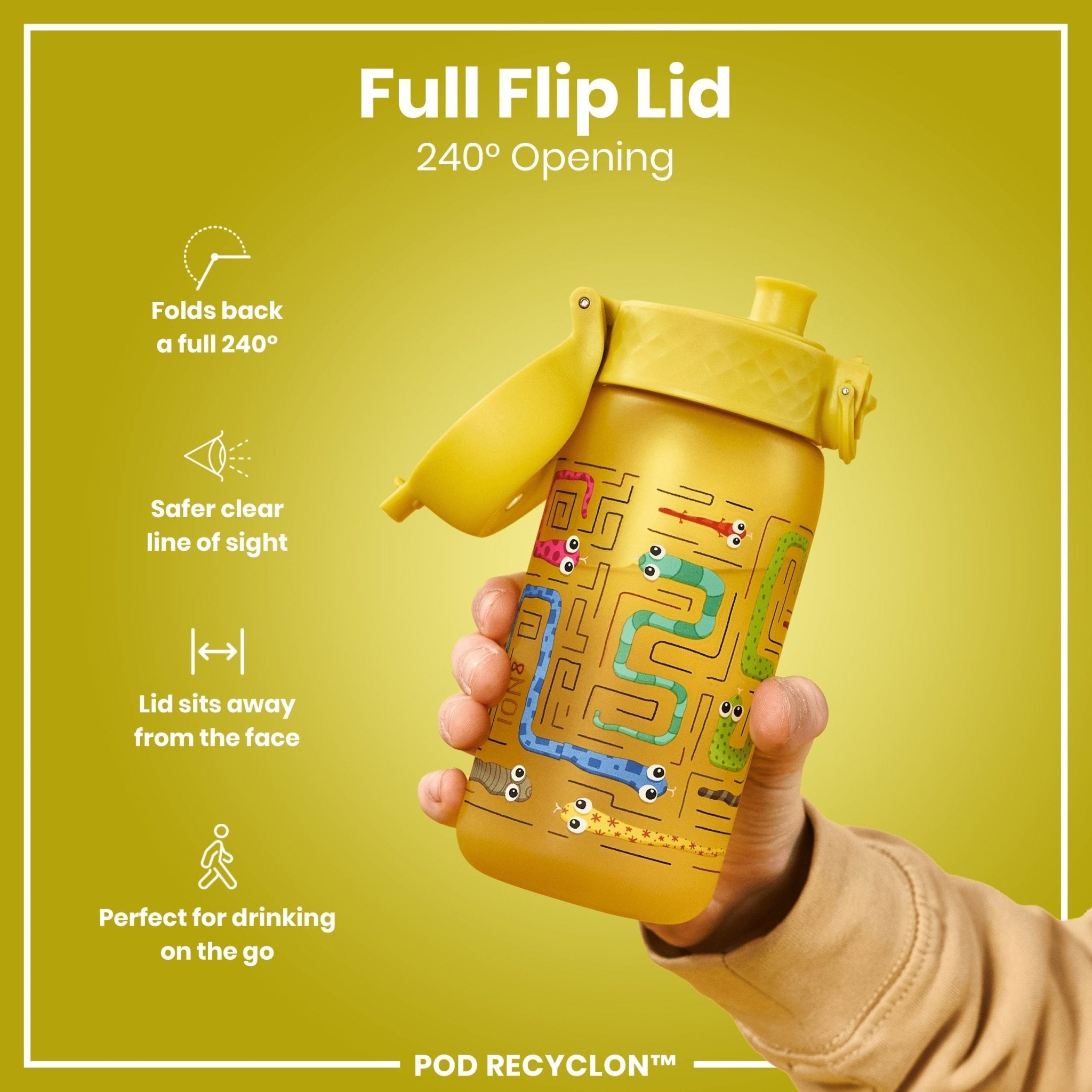 ION8 Recyclon leak-proof kids water bottle with snake design, 350ml (12oz), durable and eco-friendly for children.