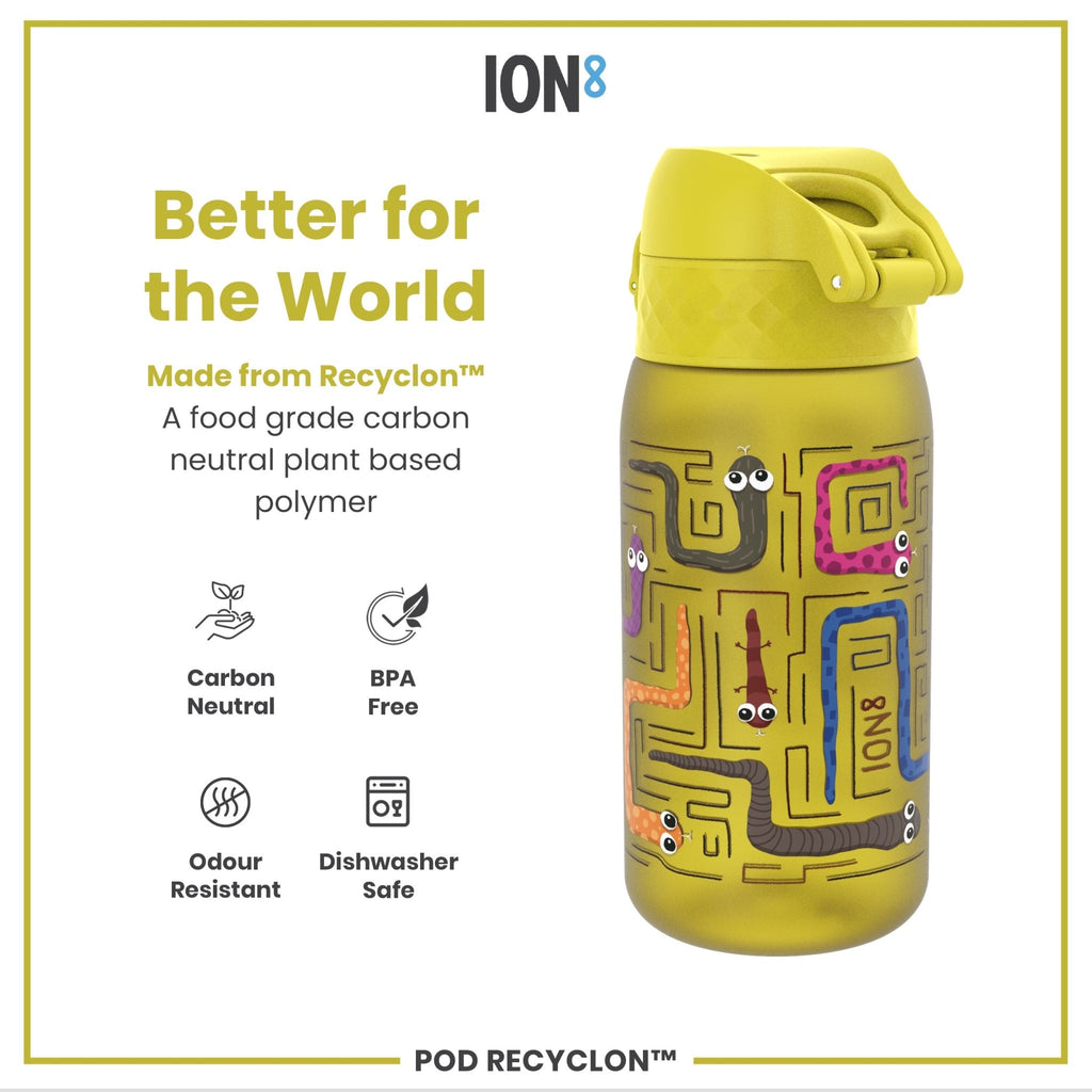 ION8 Recyclon leak-proof kids water bottle with snake design, 350ml (12oz) durable and reusable for children.