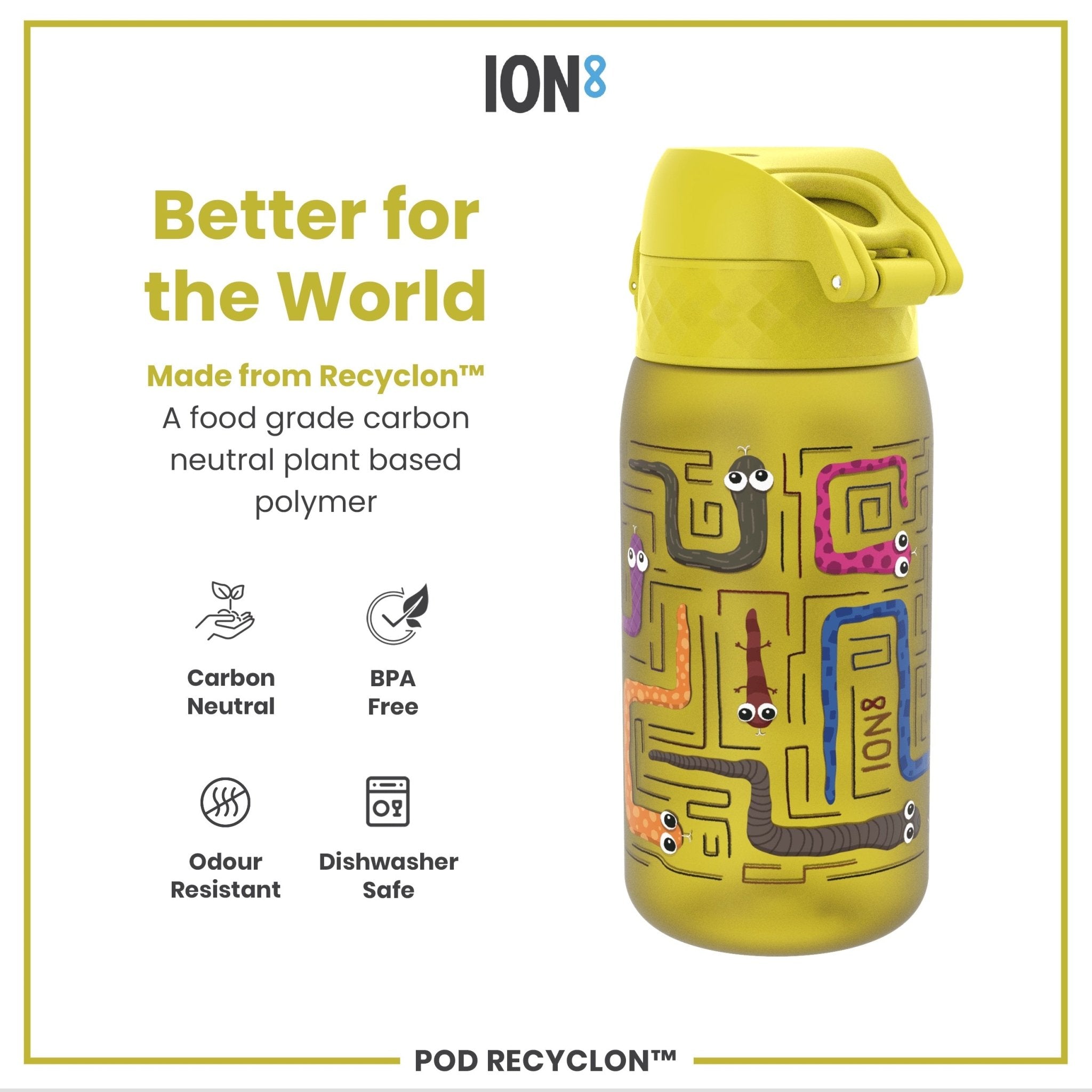 ION8 Recyclon leak-proof kids water bottle with snake design, 350ml (12oz) durable and reusable for children.