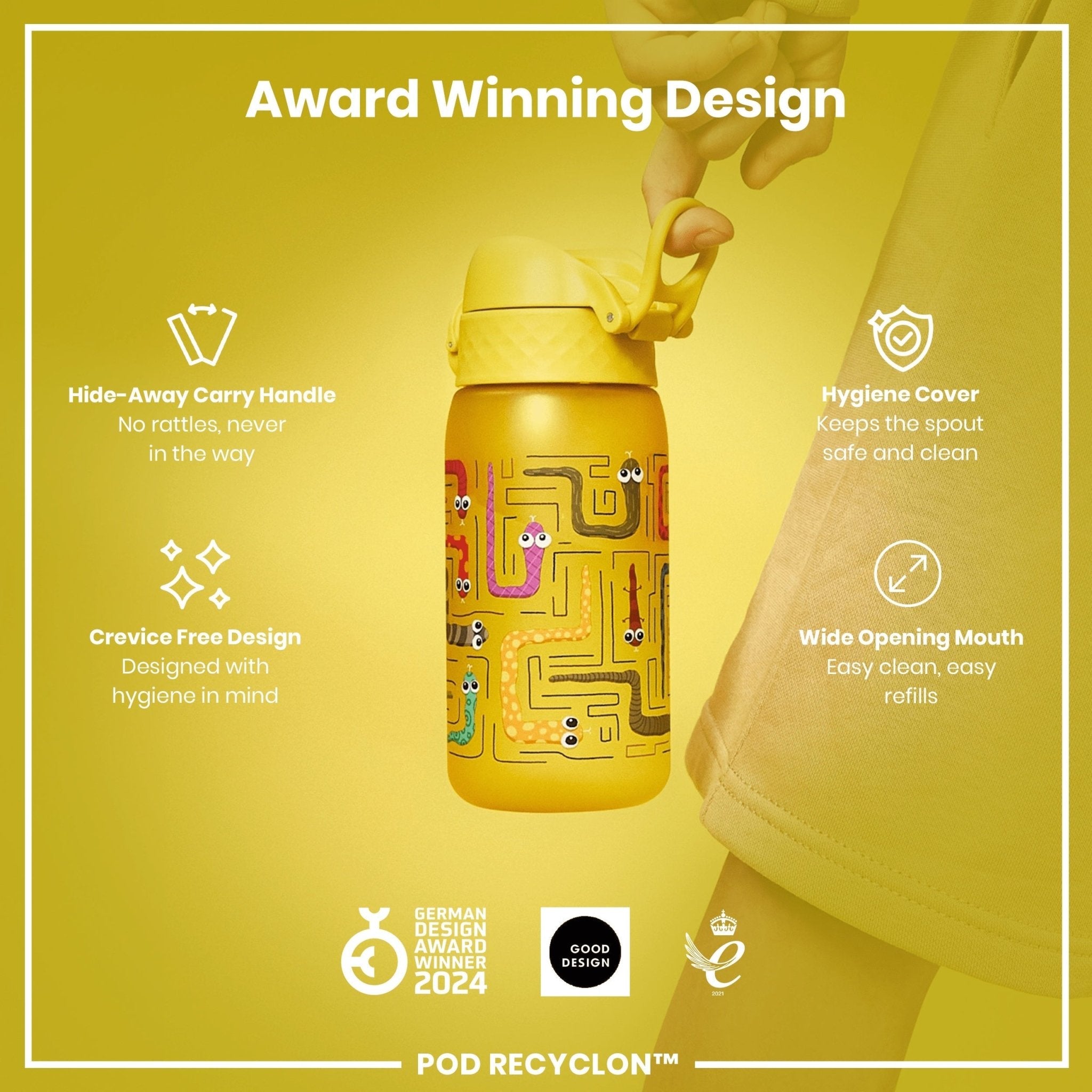 Ion8 Leak Proof Kids Water Bottle with snakes design, 350ml Recyclon water bottle showing the bottle’s colorful exterior and secure lid.