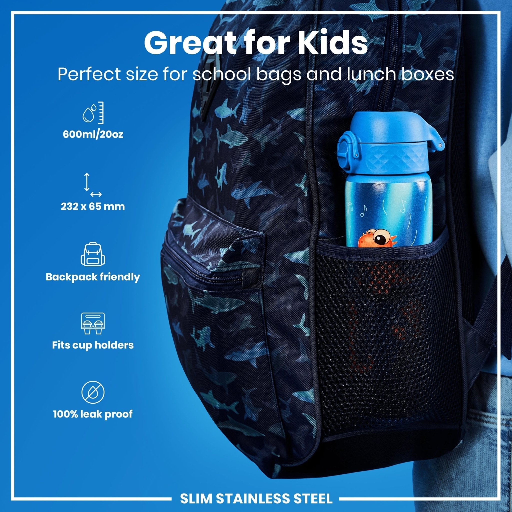 ION8 stainless steel leak-proof slim water bottle with Dino Band, 600ml (20oz), featuring a sleek design and durable construction.