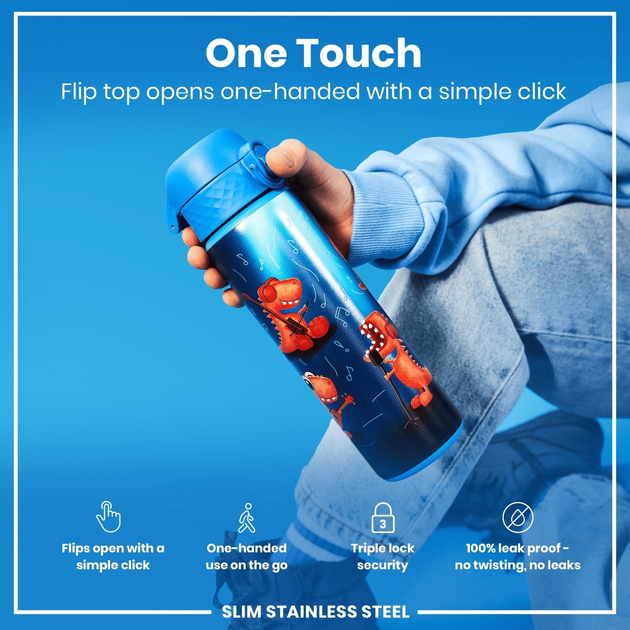 Ion8 leak-proof slim stainless steel water bottle with Dino Band, 600ml capacity, ideal for staying hydrated on the go.