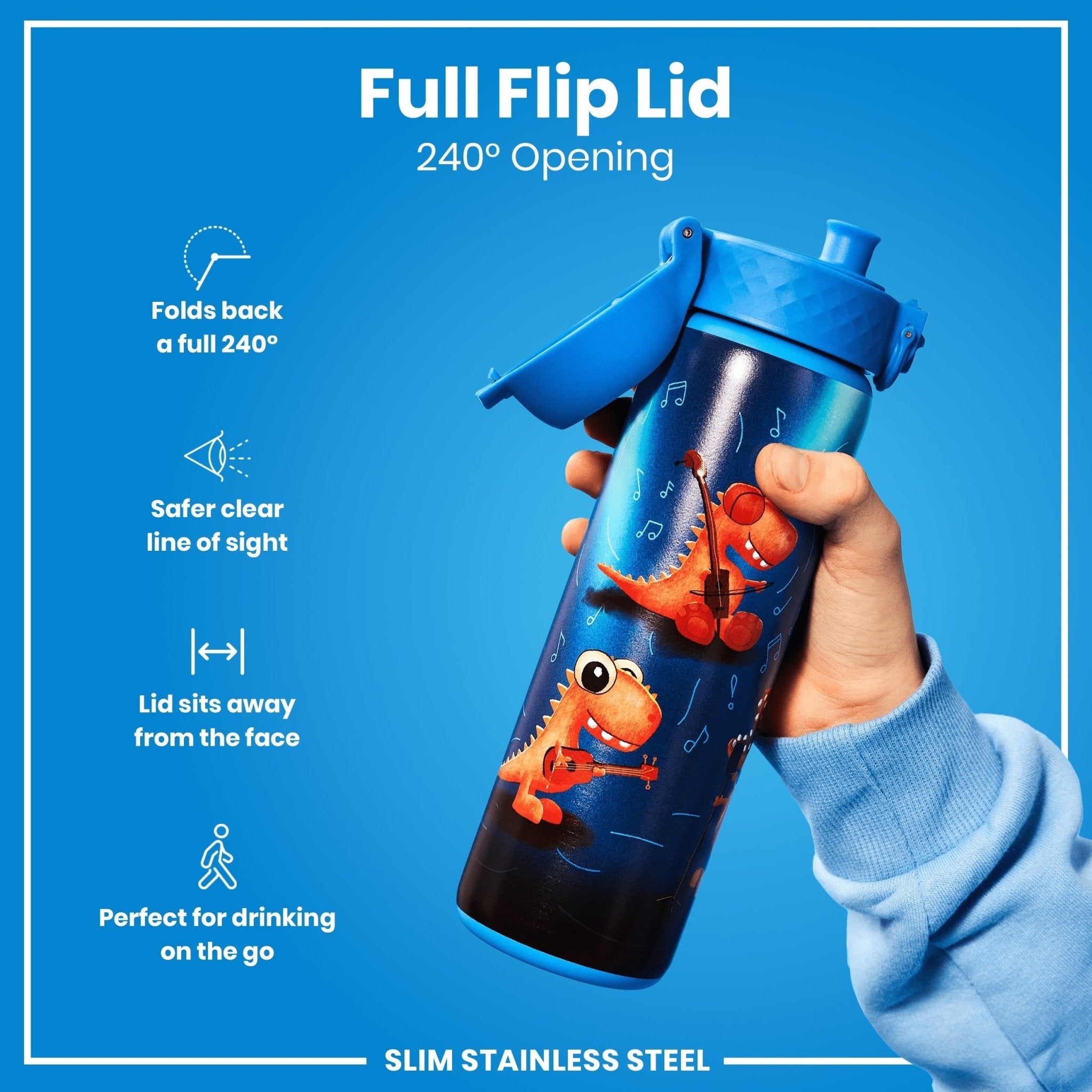 ION8 stainless steel leak-proof slim water bottle with dinosaur band, 600ml (20oz) capacity, durable and portable drink container